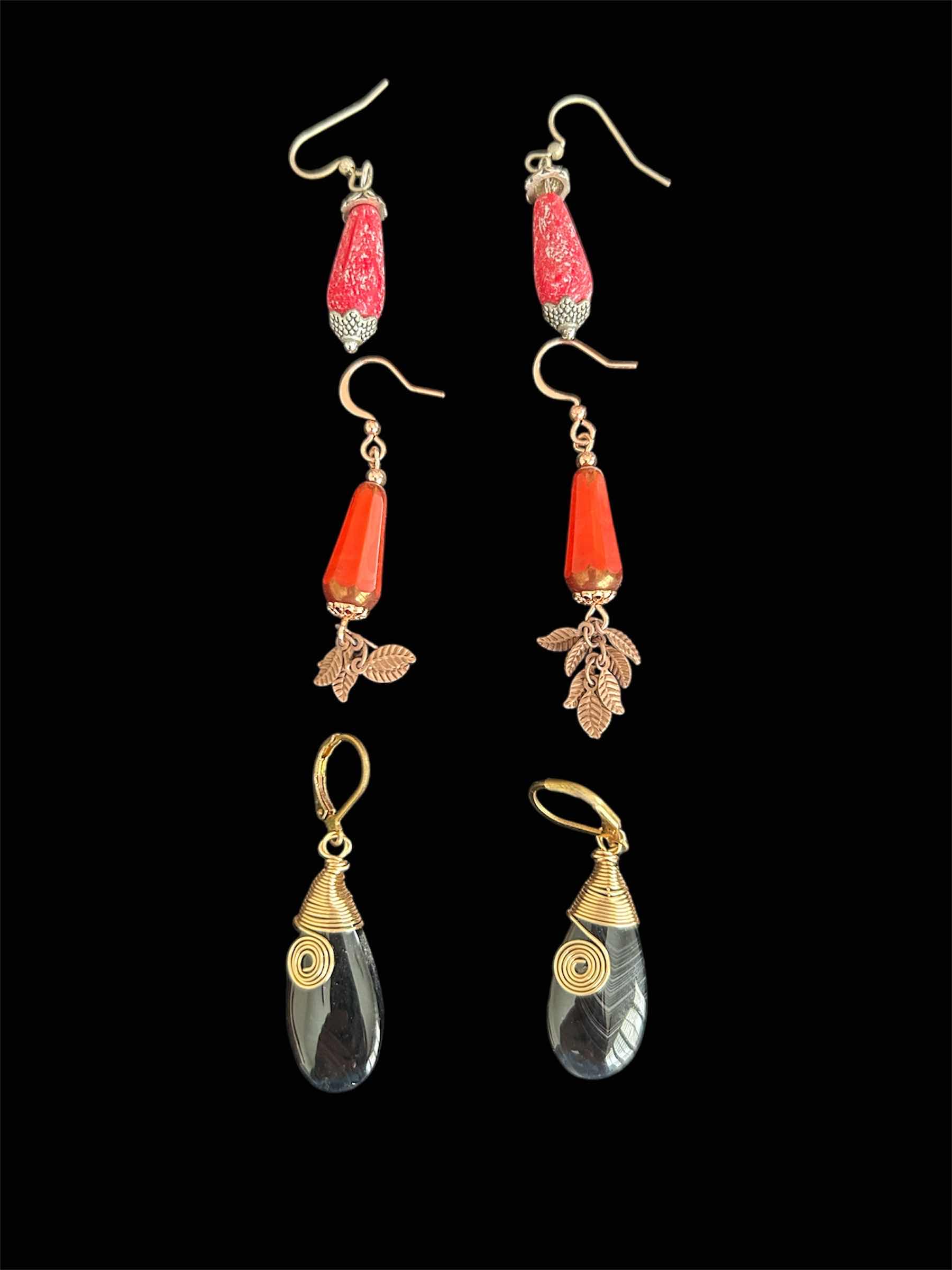 Photo 1 of 3- HANDMADE BLACK ROCK - SALMON CORAL DANGLE EARRINGS