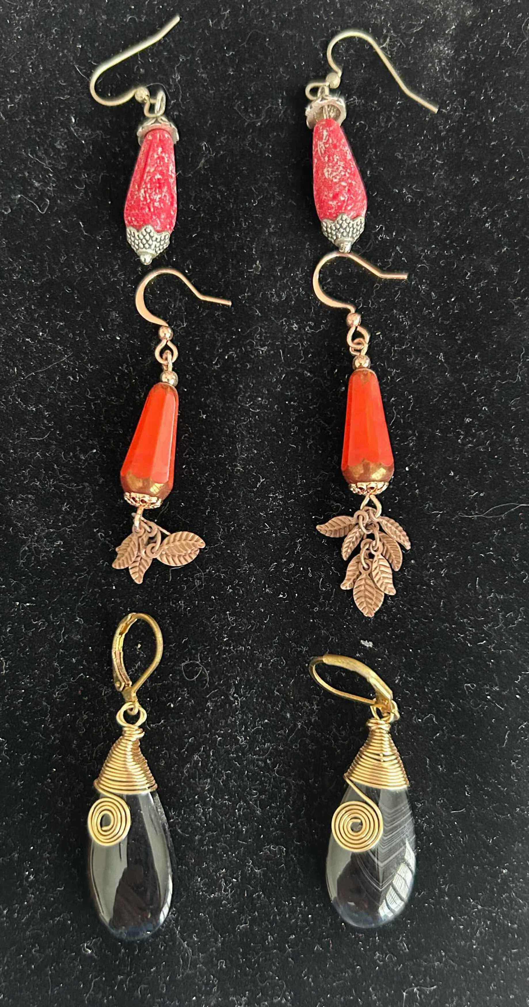 Photo 1 of 3- HANDMADE BLACK ROCK - SALMON CORAL DANGLE EARRINGS