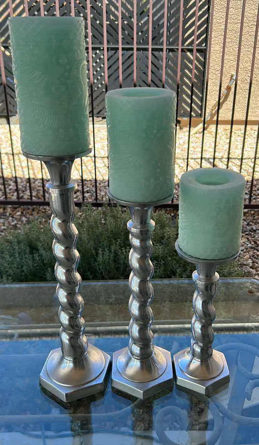 Photo 1 of 3- SILVER CANDLE HOLDER W TURQUOISE CANDLES