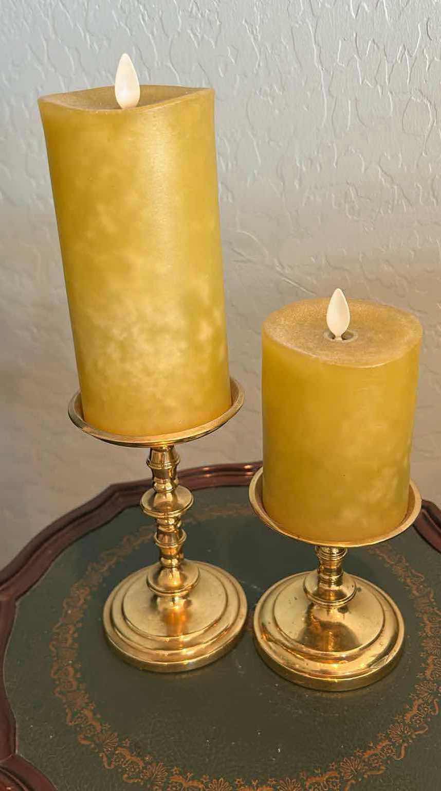 Photo 1 of 2- GOLD CANDLE HOLDER W GREEN CANDLES