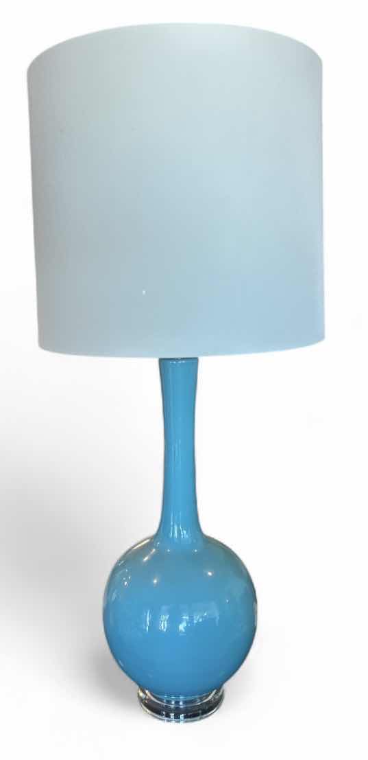 Photo 1 of BLUE GLASS TABLE LAMP WITH WHITE SHADE H36”
