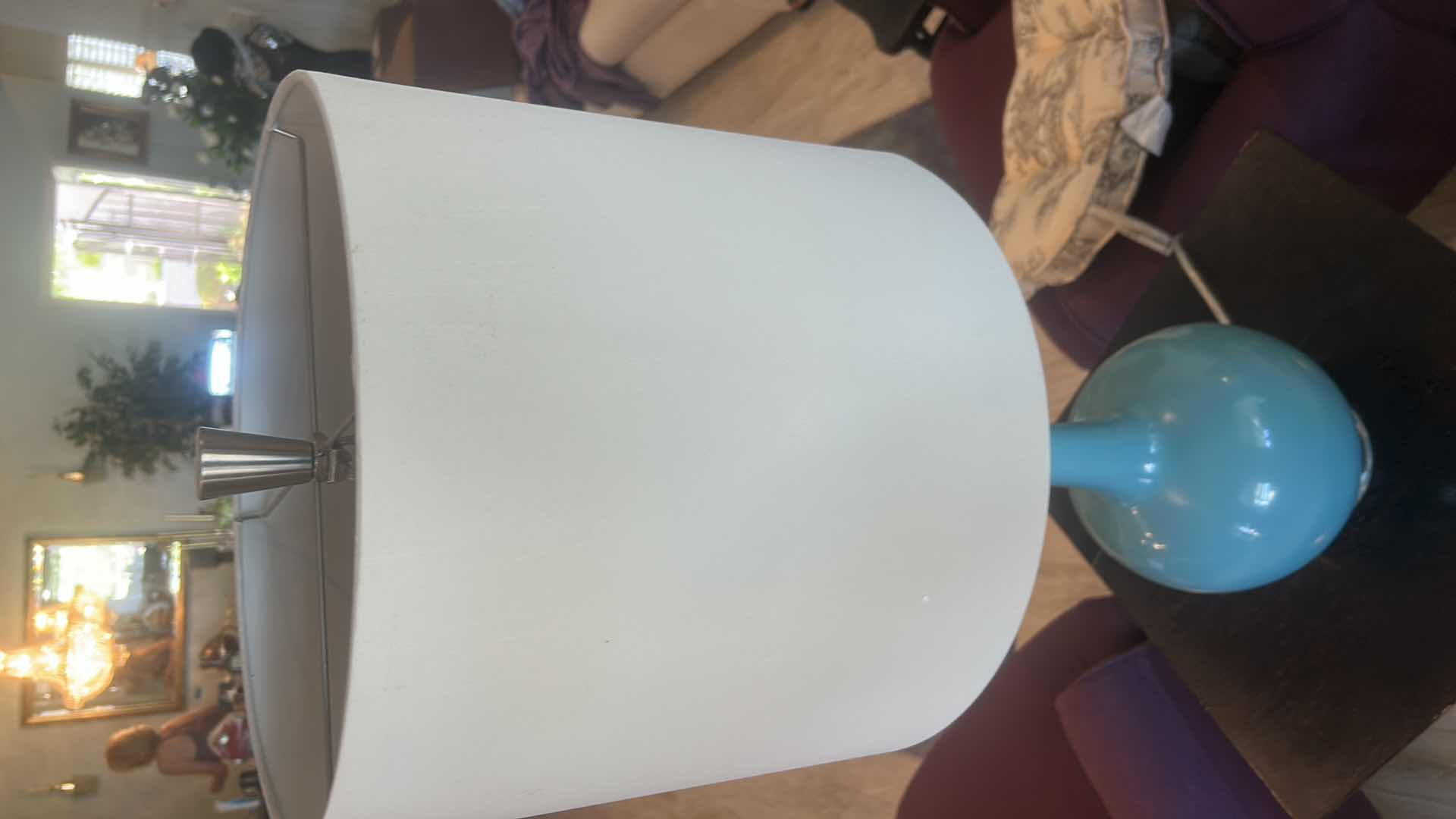 Photo 1 of BLUE GLASS TABLE LAMP WITH WHITE SHADE H36”