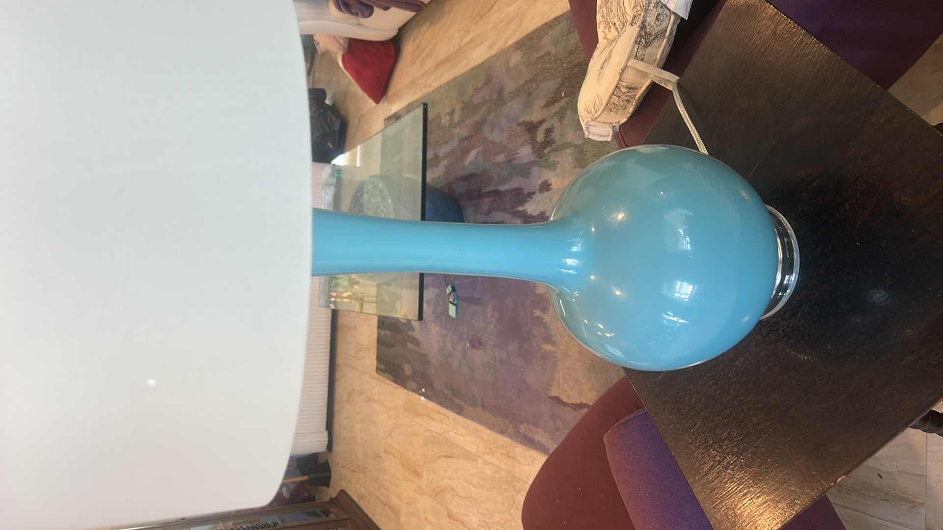 Photo 1 of BLUE GLASS TABLE LAMP WITH WHITE SHADE H36”