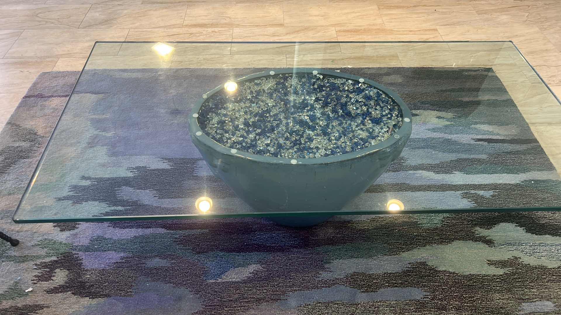 Photo 1 of GLASS TOP COFFEE TABLE, CERAMIC POTTERY BASE WITH COLORED GLASS, HAS REMOTE TO LIGHT UP GLASS 5’ x 30” x H16 1/2”