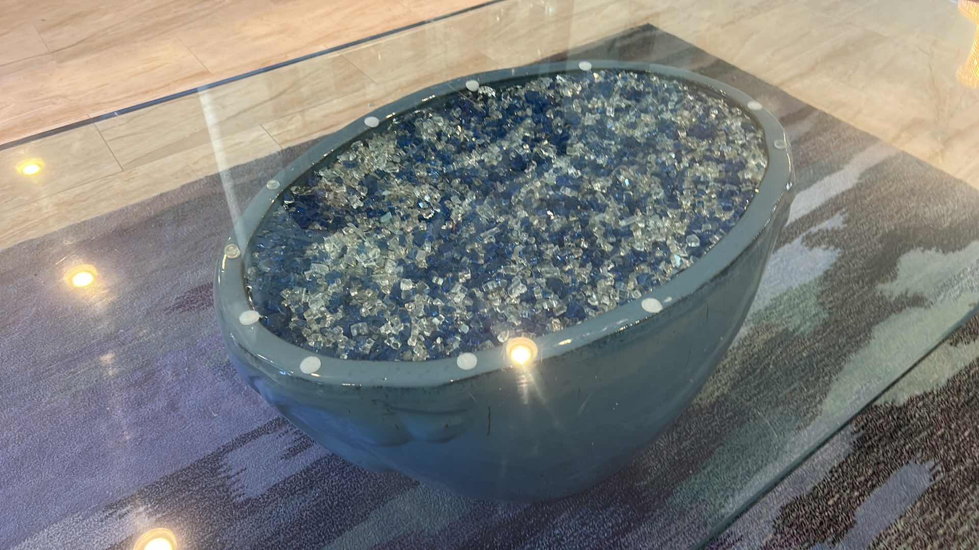 Photo 1 of GLASS TOP COFFEE TABLE, CERAMIC POTTERY BASE WITH COLORED GLASS, HAS REMOTE TO LIGHT UP GLASS 5’ x 30” x H16 1/2”