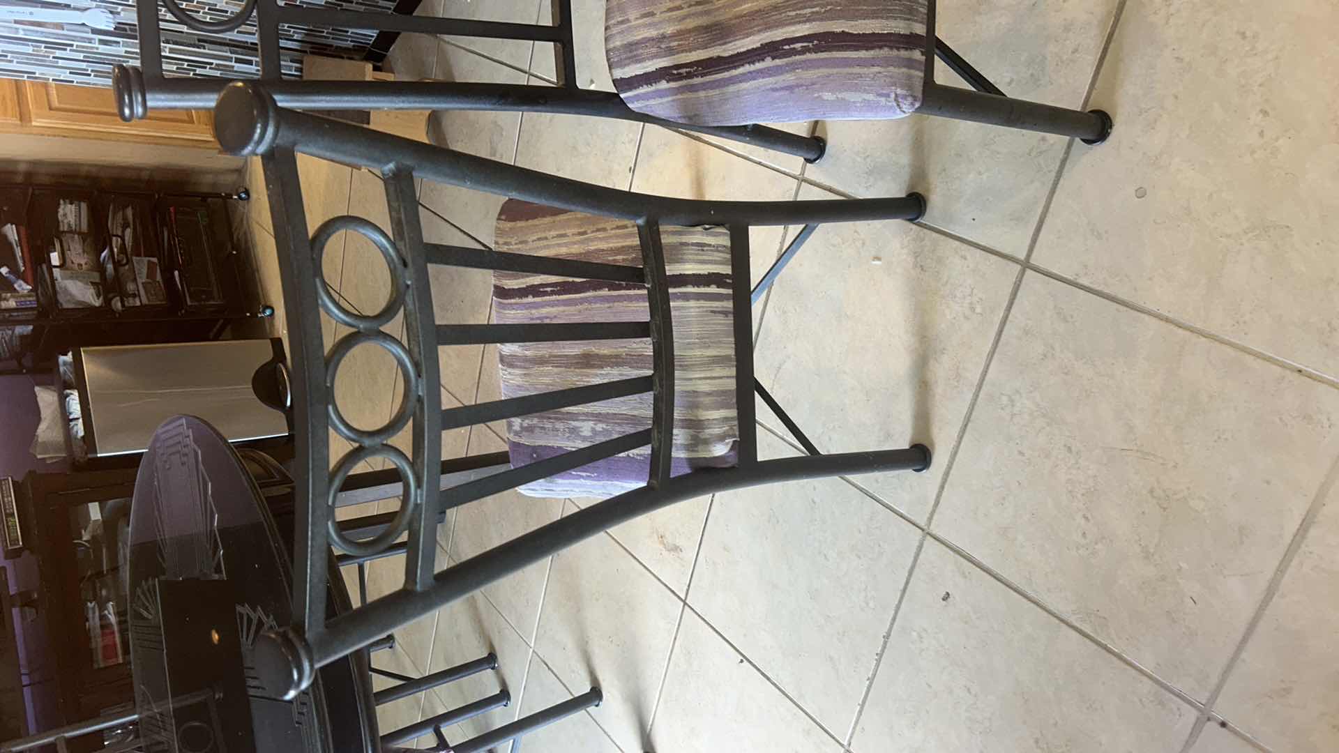 Photo 1 of 2 HEAVY METAL PURPLE ARMLESS DINING ROOM CHAIRS WITH PURPLE UPHOLSTERY H40”