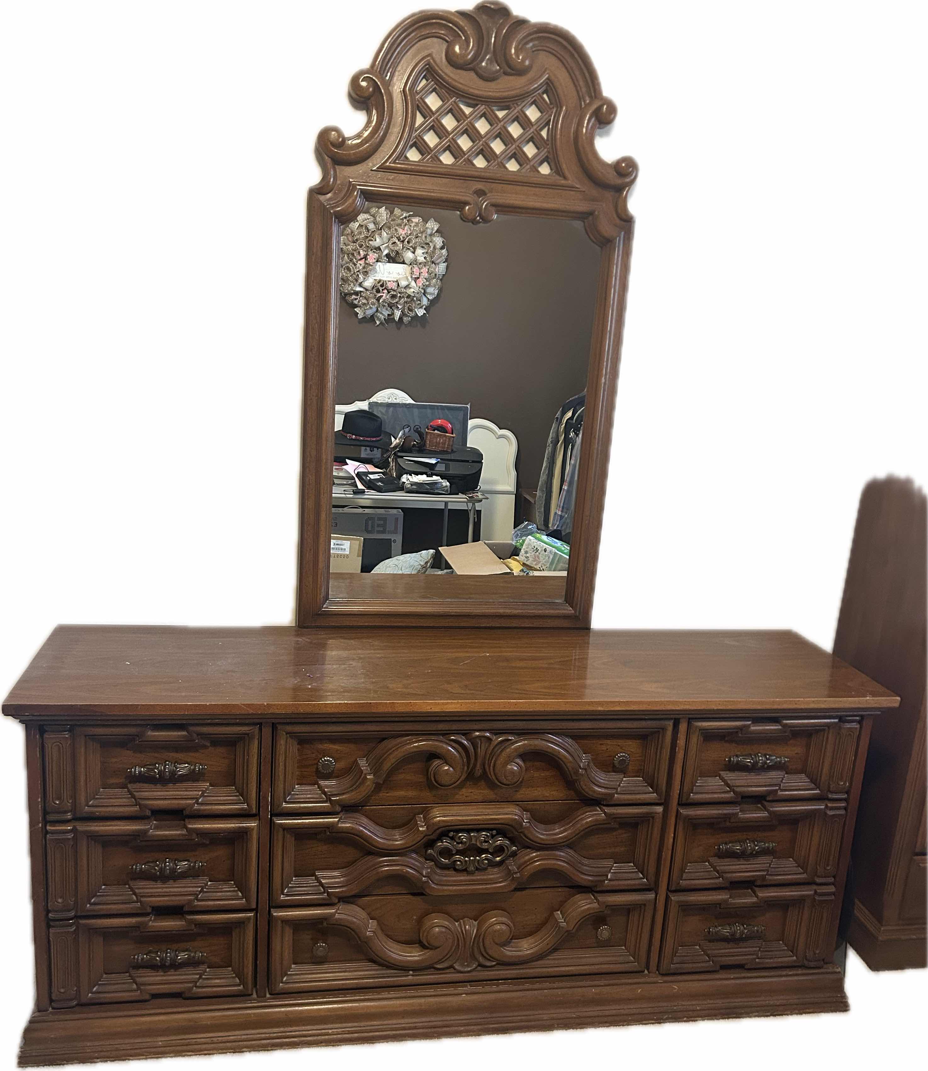 Photo 1 of WOOD 9 DRAWER DRESSER W MIRROR 72" X 18" H 30"