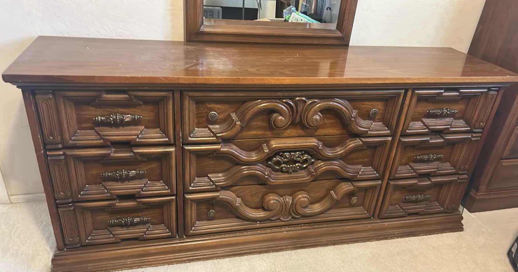 Photo 1 of WOOD 9 DRAWER DRESSER W MIRROR 72" X 18" H 30"