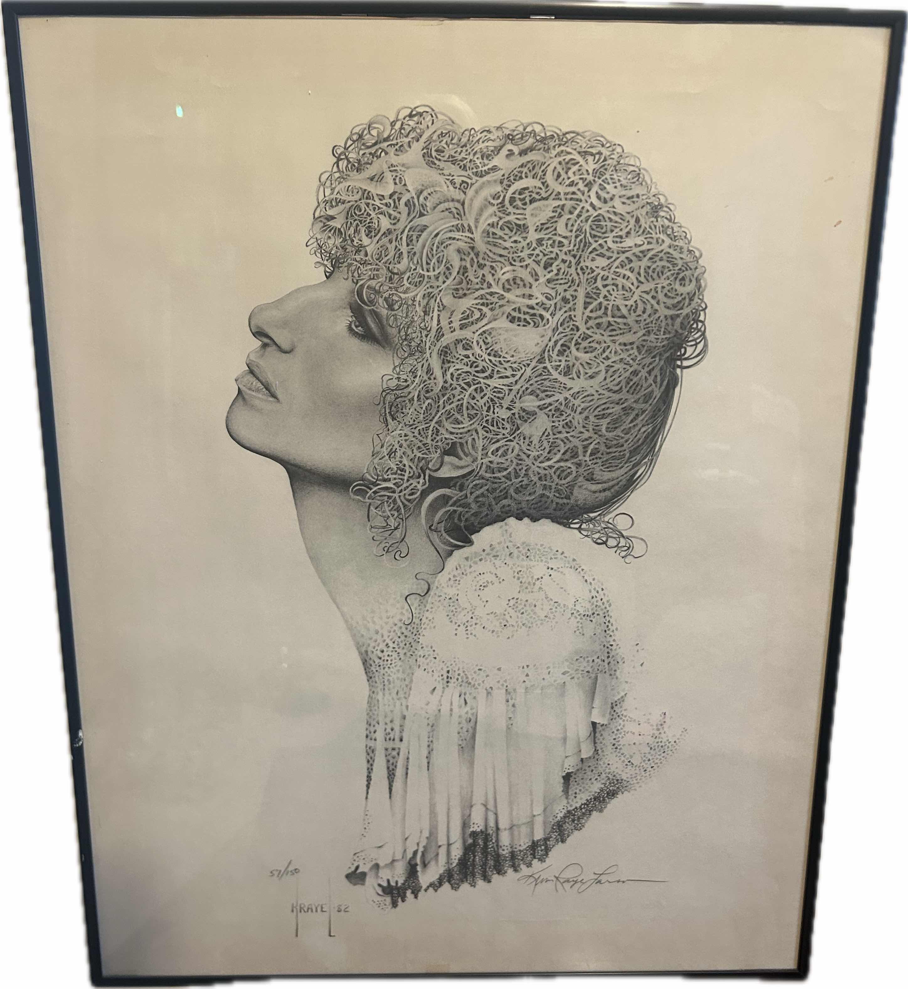 Photo 1 of BLACK FRAMED DISTINCTIVE GRAPHITE DRAWING OF BARBRA STREISAND ARTIST K LARSON 22" X 29"