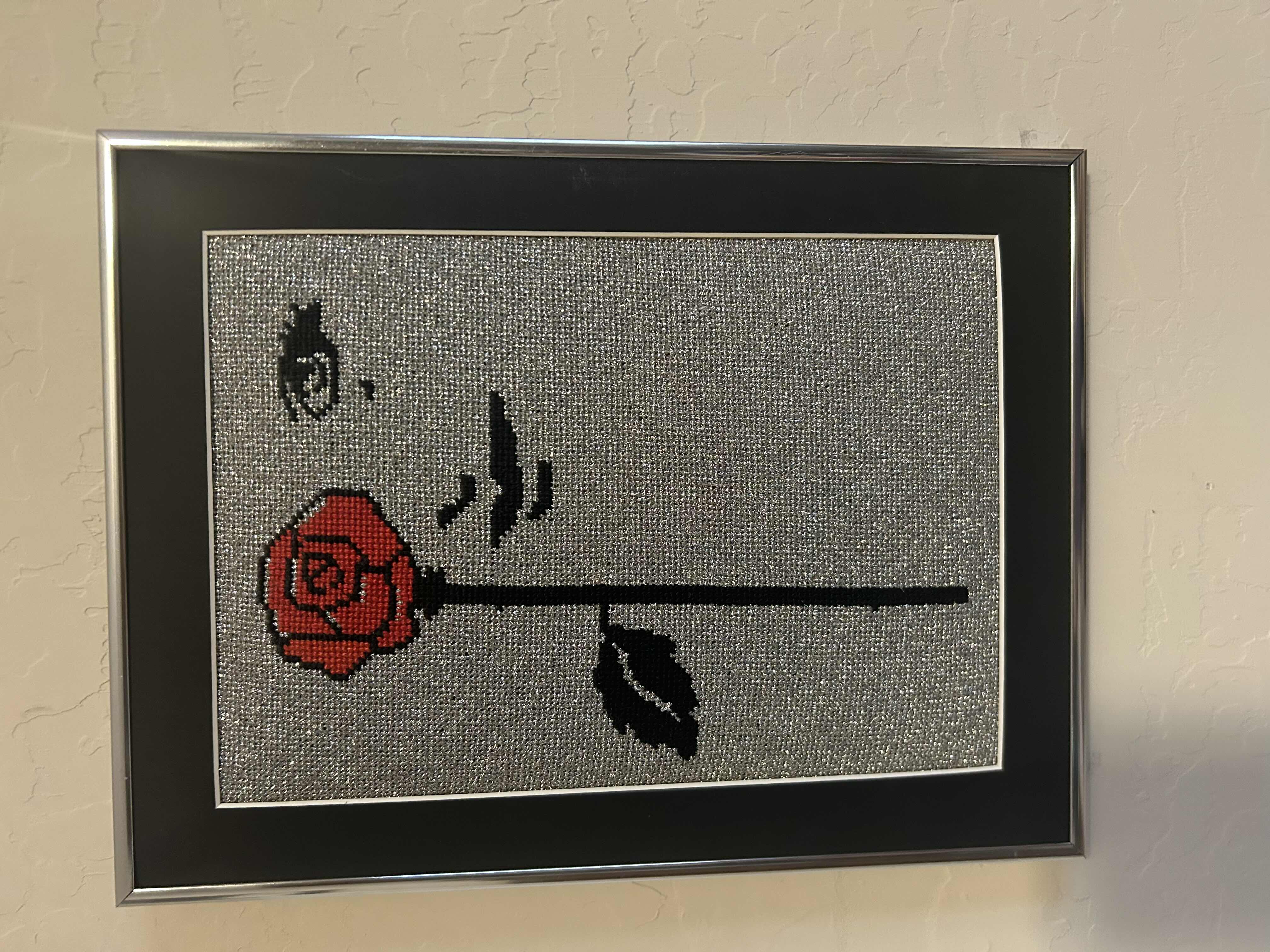 Photo 1 of SILVER FRAMED COUNTED CROSS STITCH ART ROSE 11" X 14"