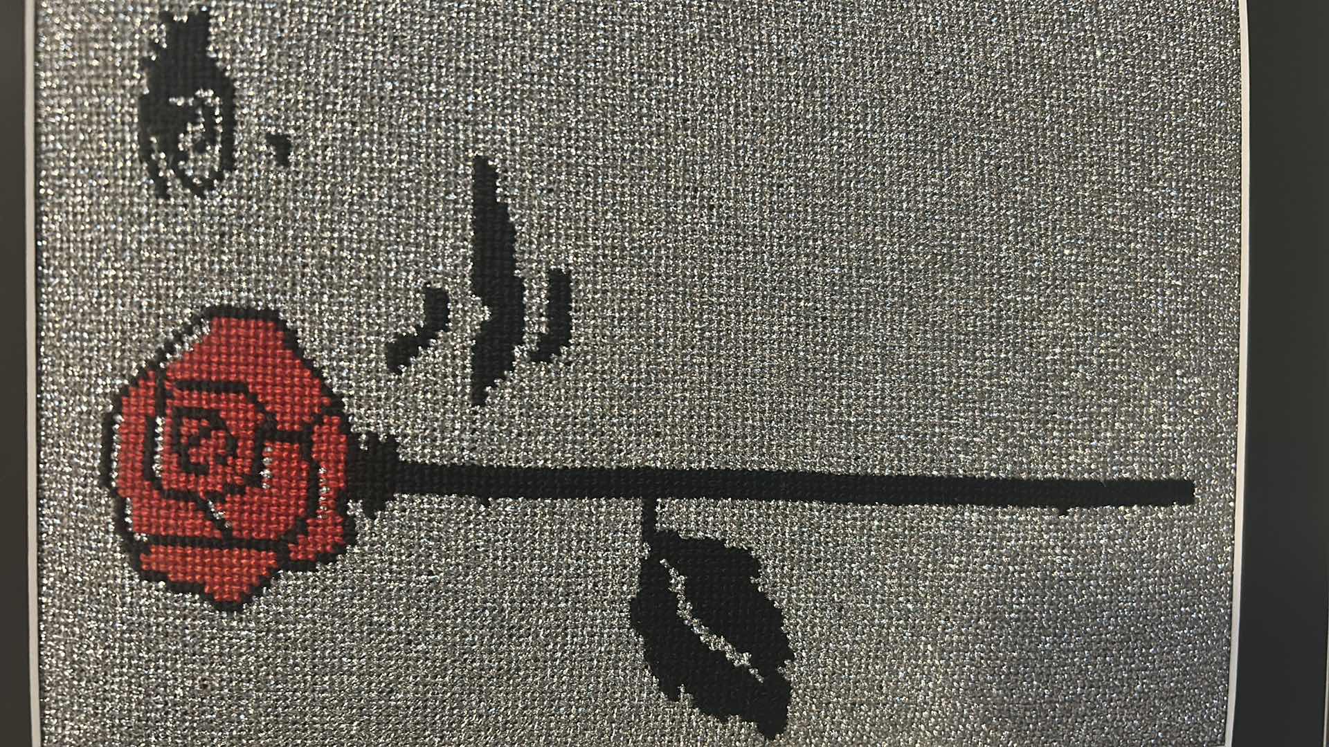 Photo 1 of SILVER FRAMED COUNTED CROSS STITCH ART ROSE 11" X 14"