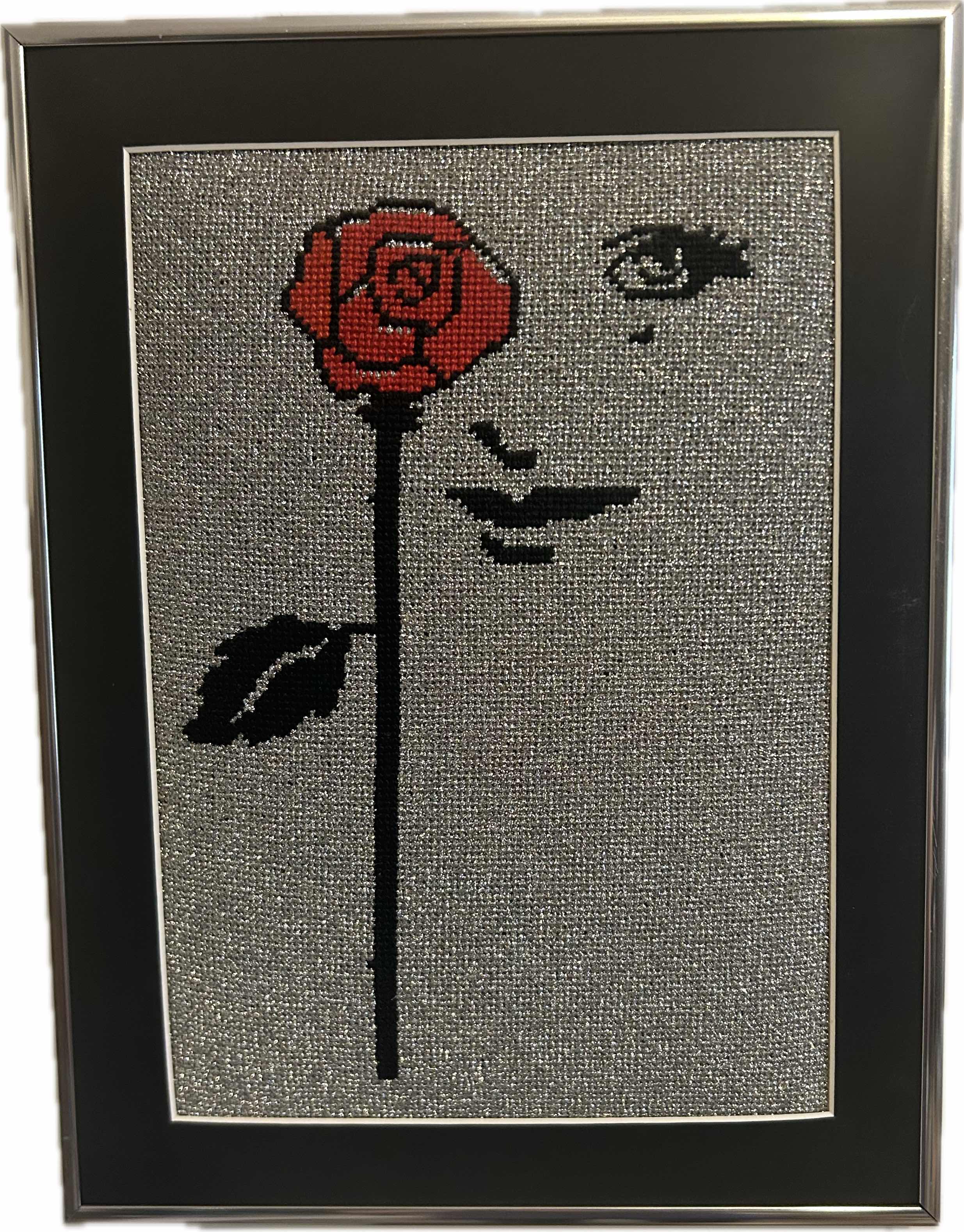 Photo 1 of SILVER FRAMED COUNTED CROSS STITCH ART ROSE 11" X 14"