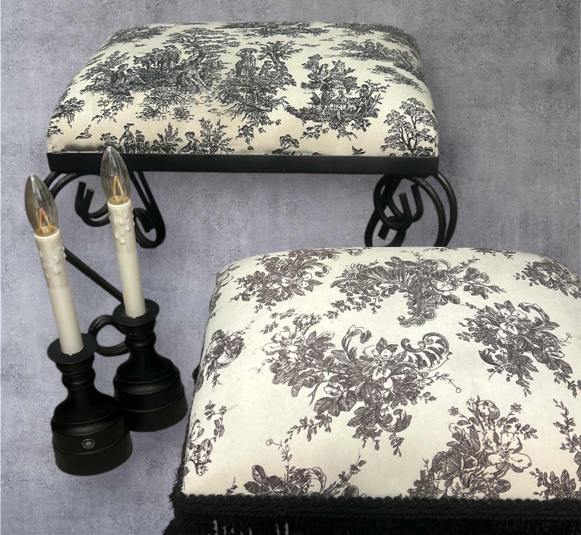 Photo 1 of 2 STOOLS AND 2 BATTERIES OPERATED CANDLE HOLDERS, LARGEST STOOL H15”