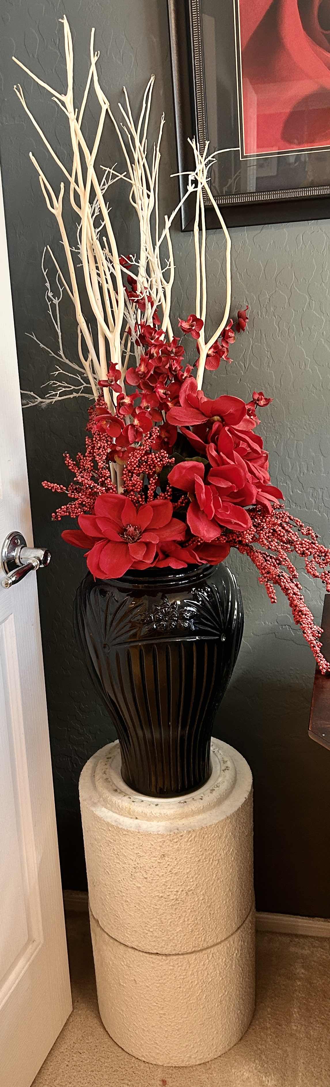 Photo 1 of PILLAR WITH BLACK VASE AND FAUX FLORAL - TOTAL HEIGHT 64”