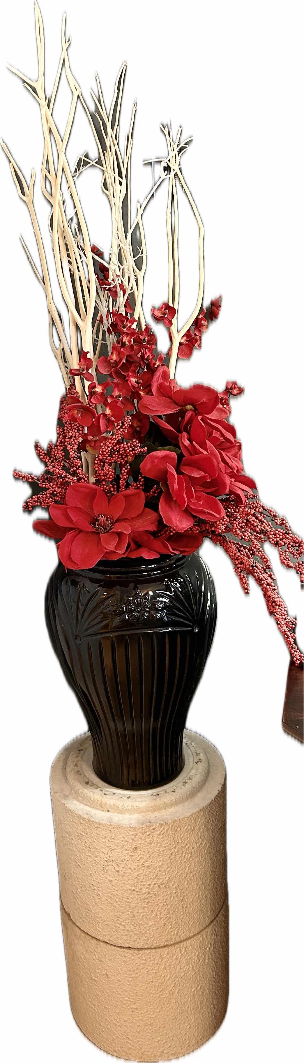 Photo 1 of PILLAR WITH BLACK VASE AND FAUX FLORAL - TOTAL HEIGHT 64”