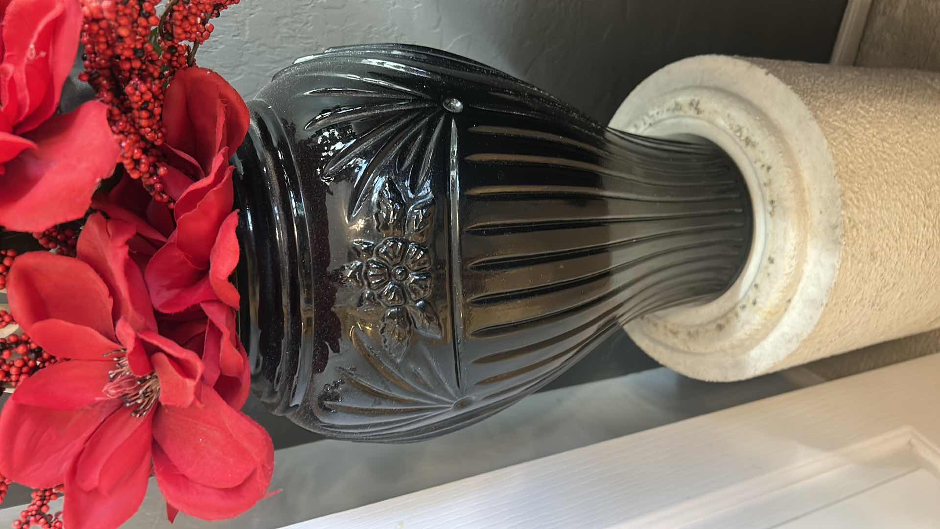 Photo 1 of PILLAR WITH BLACK VASE AND FAUX FLORAL - TOTAL HEIGHT 64”