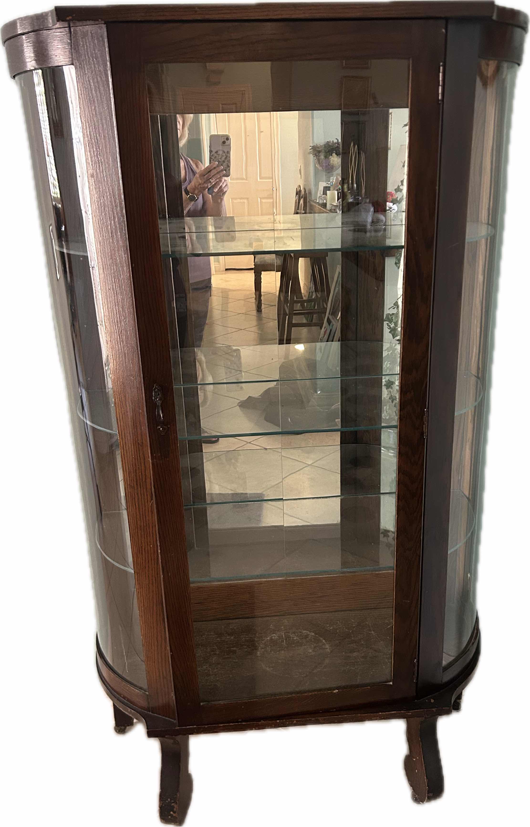 Photo 1 of ANTIQUE TIGER OAK BOW FRONT CURIO CABINET 33" X 62"