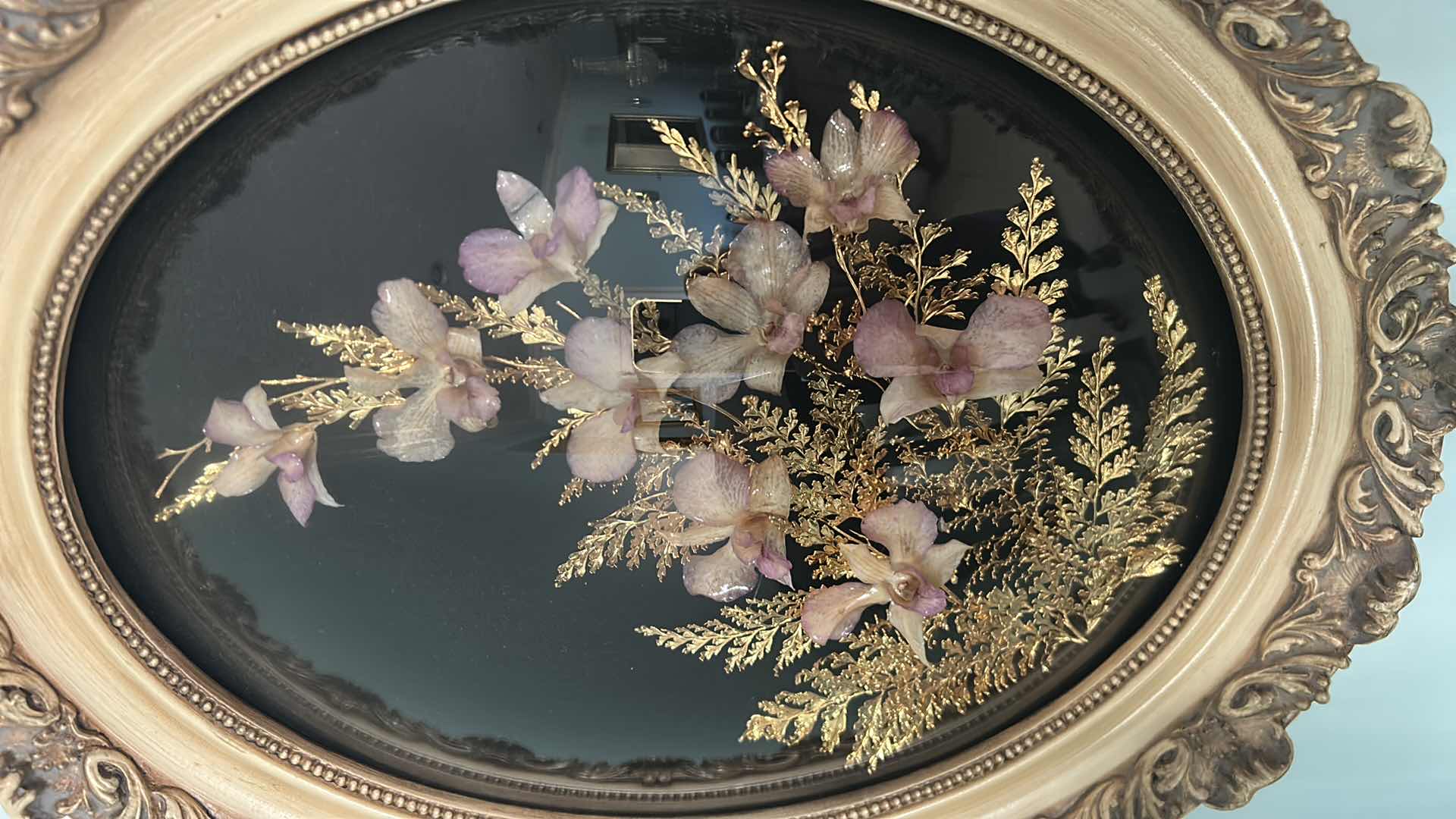 Photo 1 of OVAL ORNATE BUBBLE FRAMED FLORAL HAWAII "ORCHID HAWAIIAN FERN " 14" X 16"