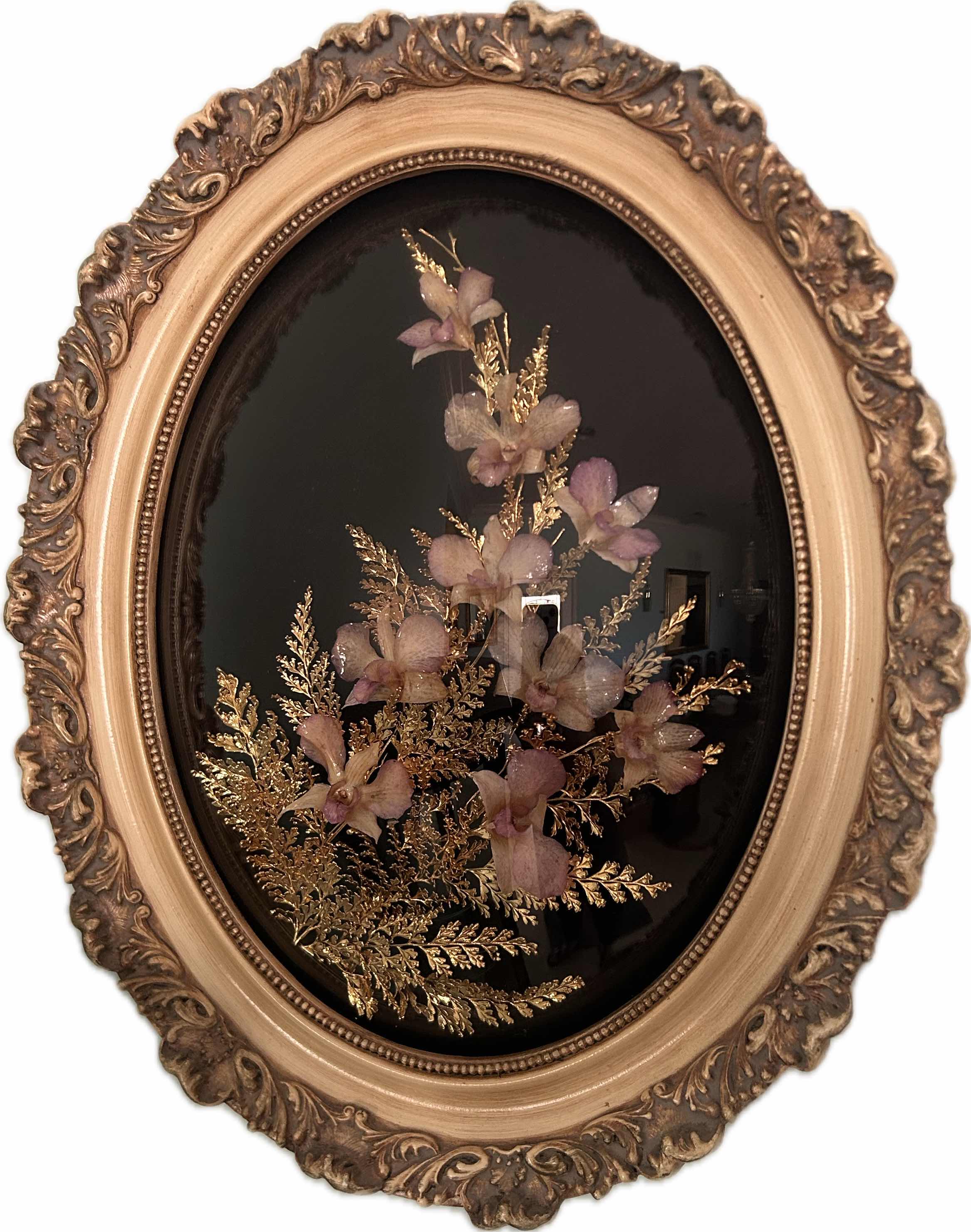 Photo 1 of OVAL ORNATE BUBBLE FRAMED FLORAL HAWAII "ORCHID HAWAIIAN FERN " 14" X 16"