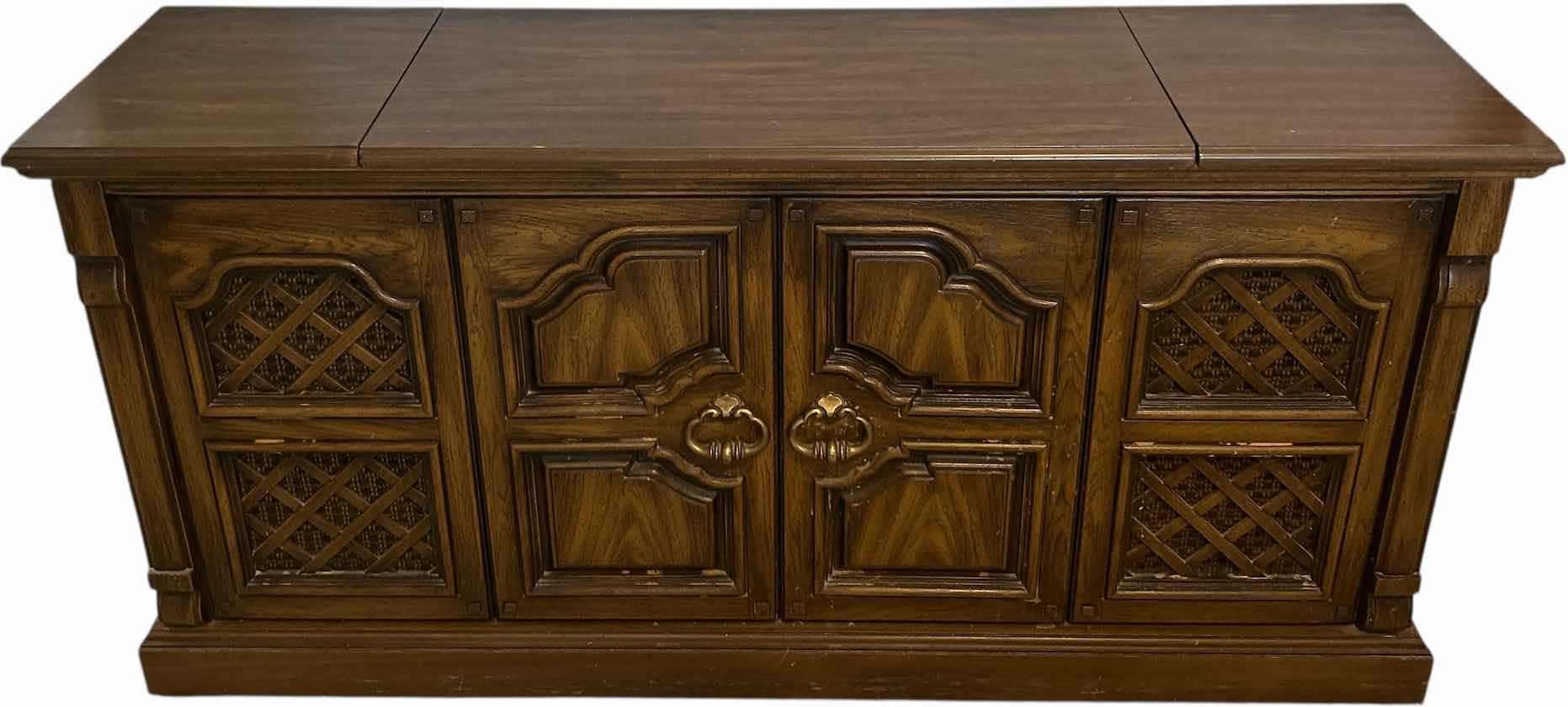 Photo 1 of VINTAGE MAGNAVOX RECORD PLAYER CABINET  WITH MAGNAVOX RADIO, 8 TRACK PLAYER,  ALBUMS &  MORE 6“ x 16“ x H27“