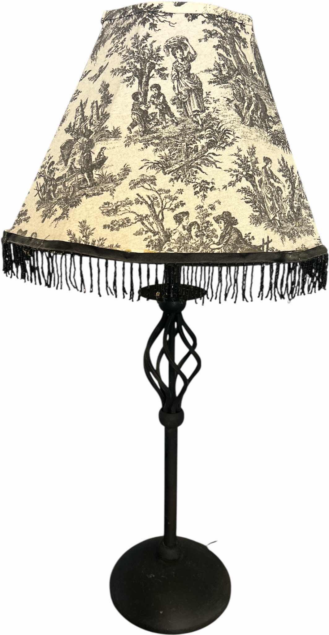 Photo 1 of BLACK METAL TABLE LAMP WITH BLACK AND WHITE SHADE H30”