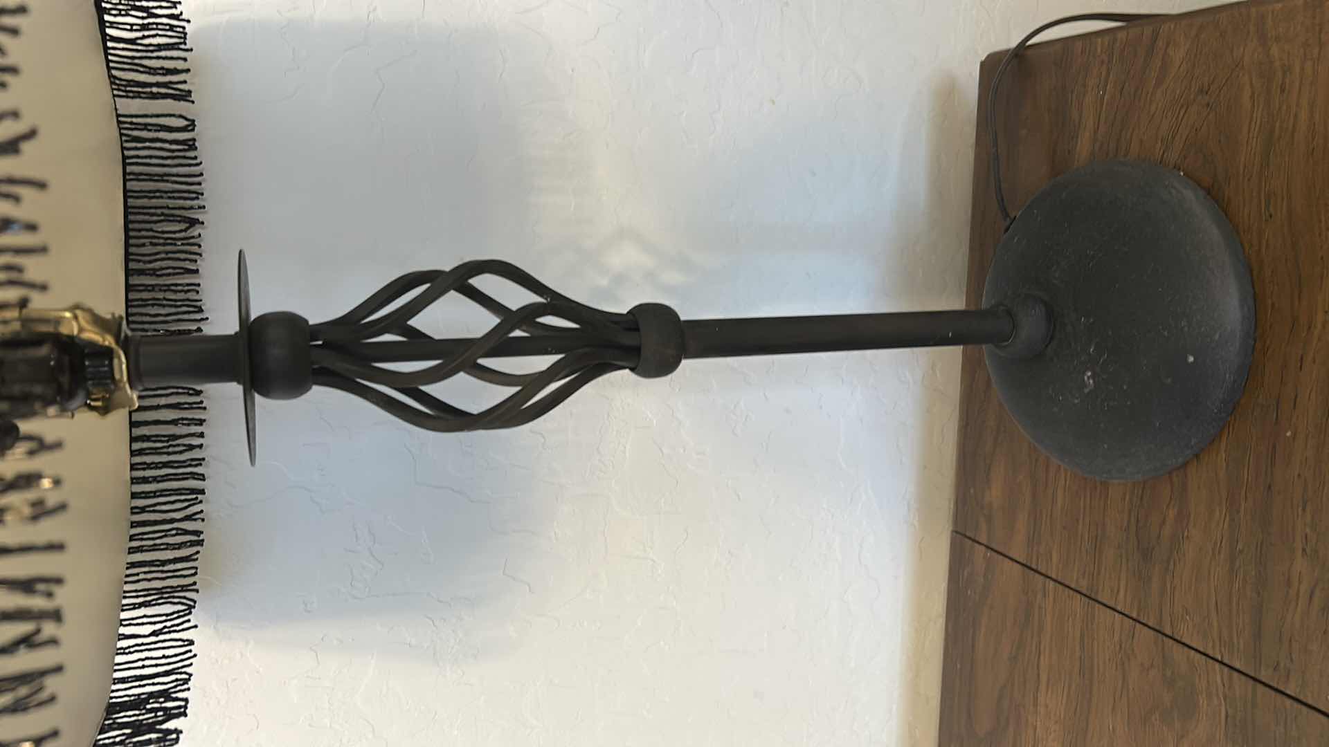 Photo 1 of BLACK METAL TABLE LAMP WITH BLACK AND WHITE SHADE H30”