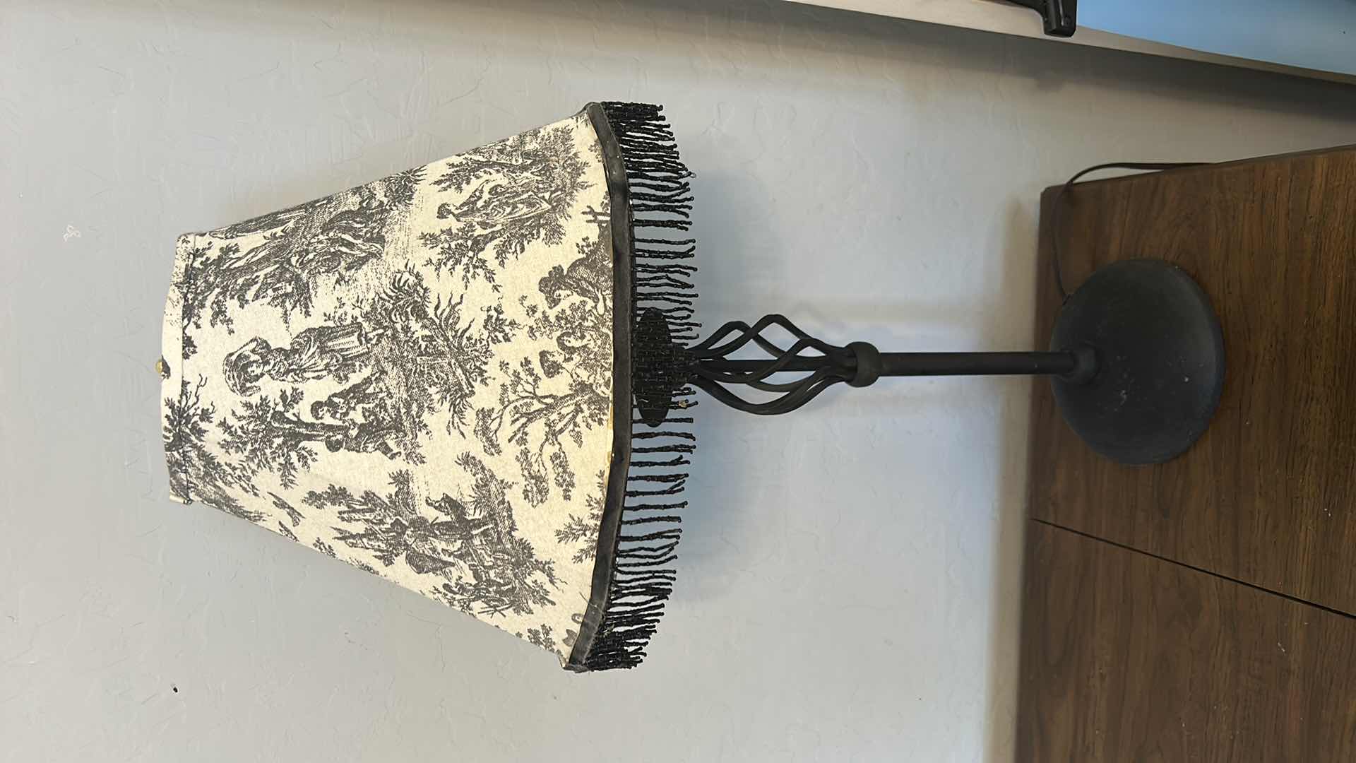 Photo 1 of BLACK METAL TABLE LAMP WITH BLACK AND WHITE SHADE H30”
