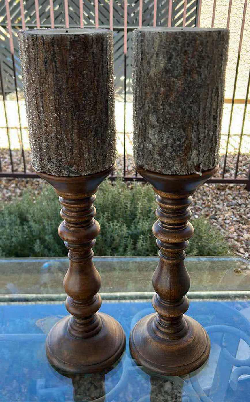 Photo 1 of 2- WOOD CANDLE HOLDERS W RUSTIC FINISH CANDLES 15"