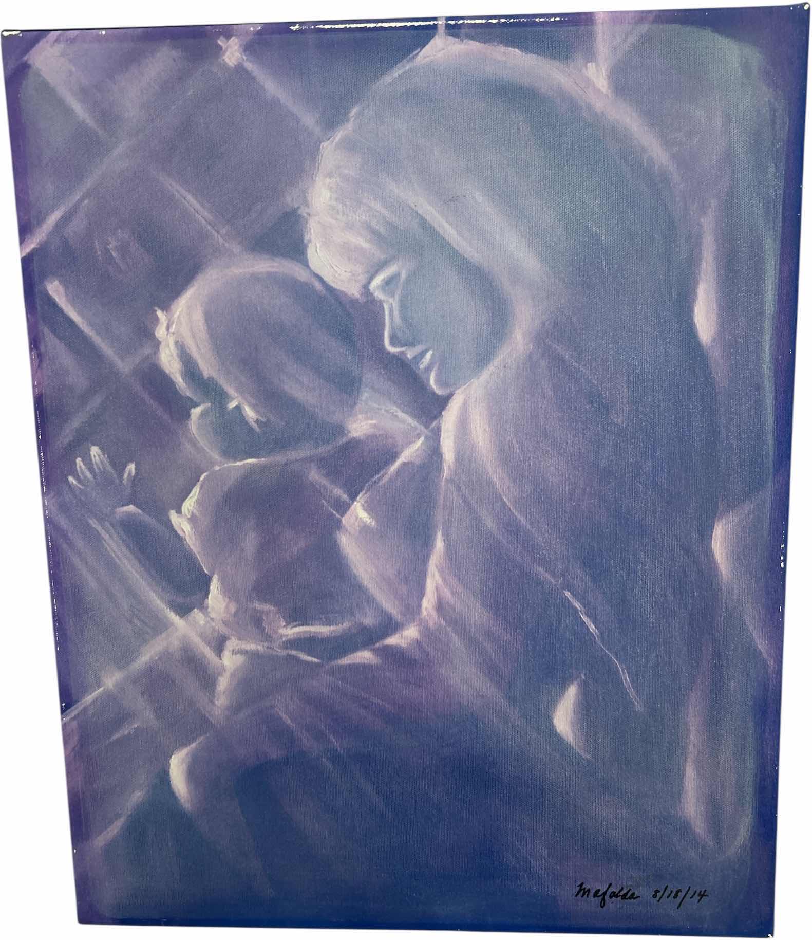 Photo 1 of STRETCHED CANVAS, PURPLE AND WHITE MOTHER AND CHILD SIGNED ARTWORK 16” x 20”