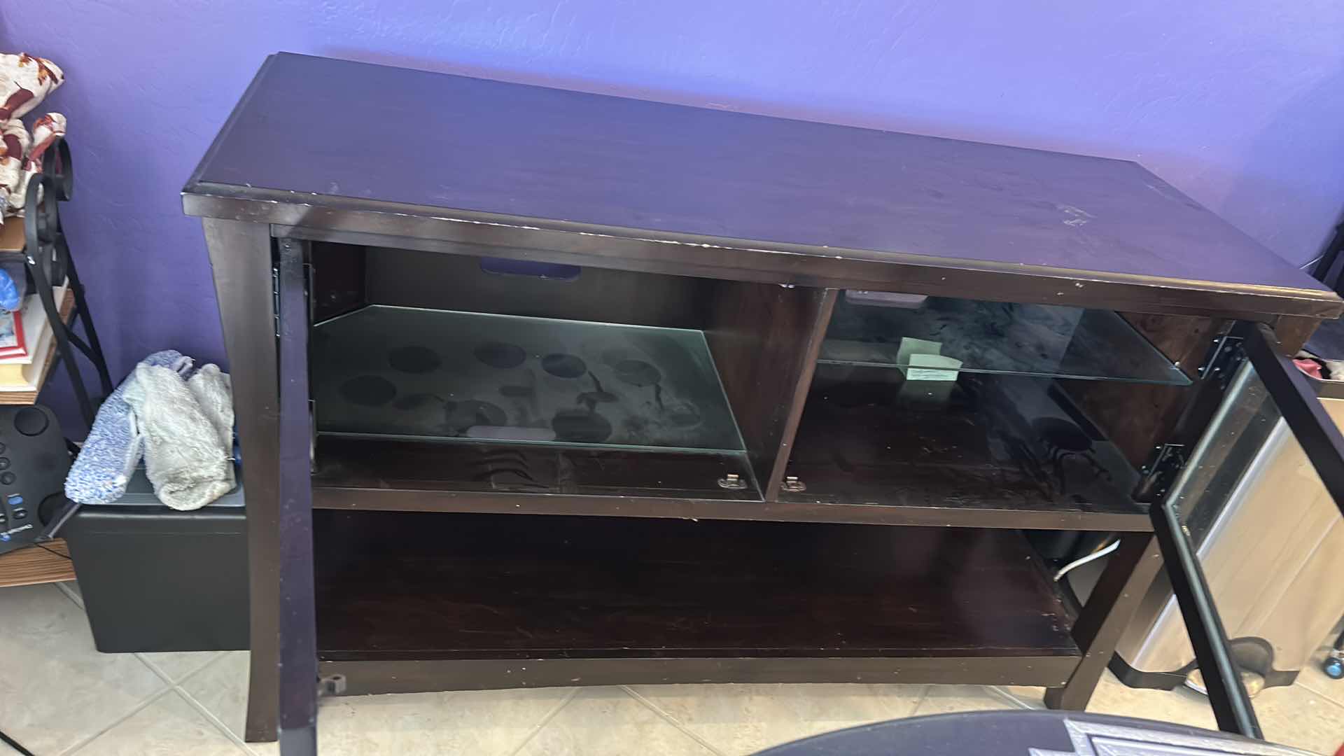 Photo 1 of WOOD CABINET WITH GLASS SHELVES 52” x 18” x H32”