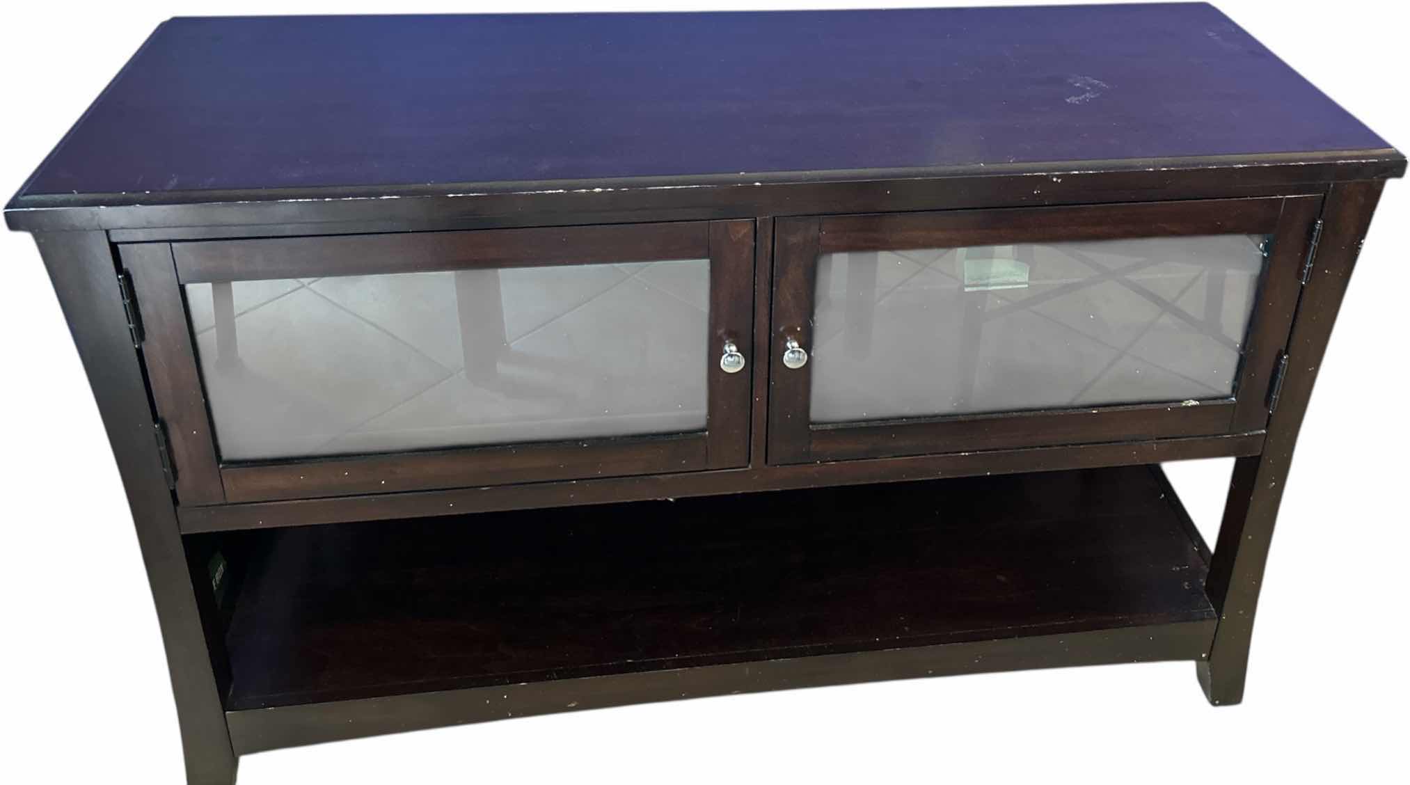 Photo 1 of WOOD CABINET WITH GLASS SHELVES 52” x 18” x H32”
