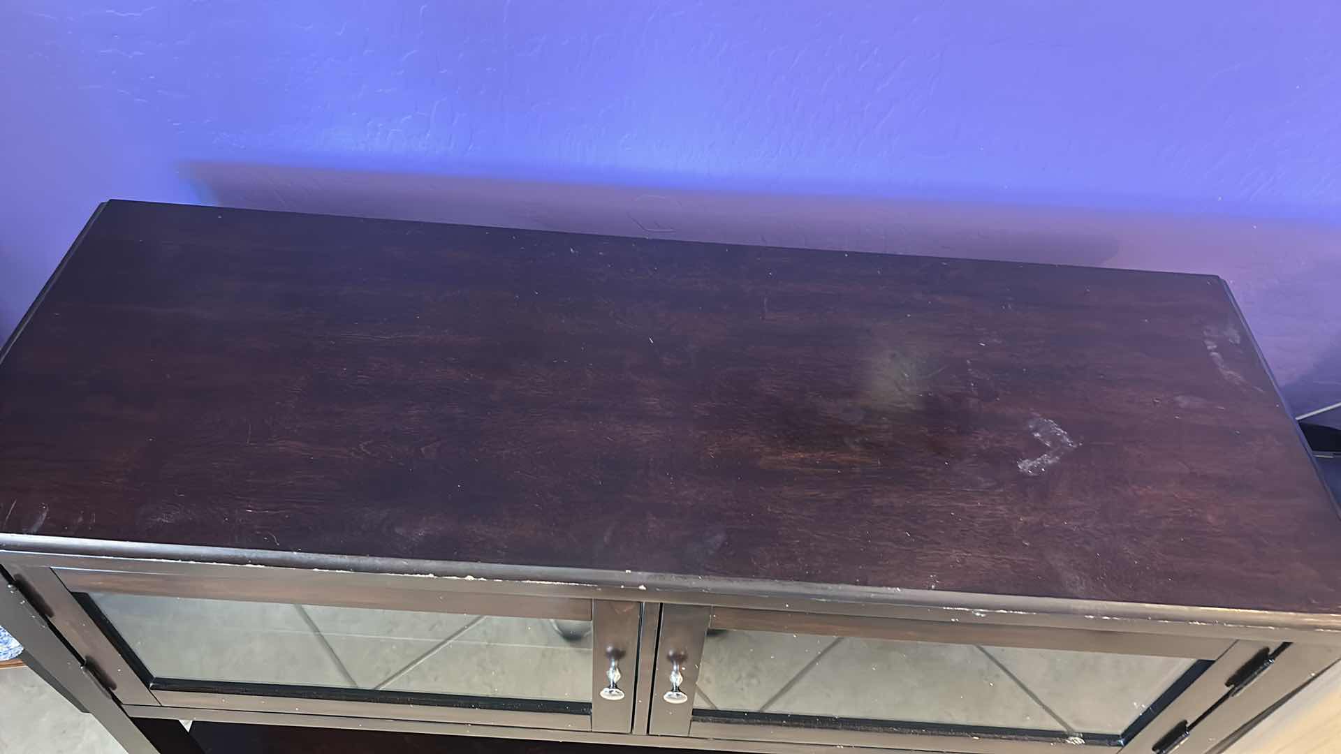 Photo 1 of WOOD CABINET WITH GLASS SHELVES 52” x 18” x H32”