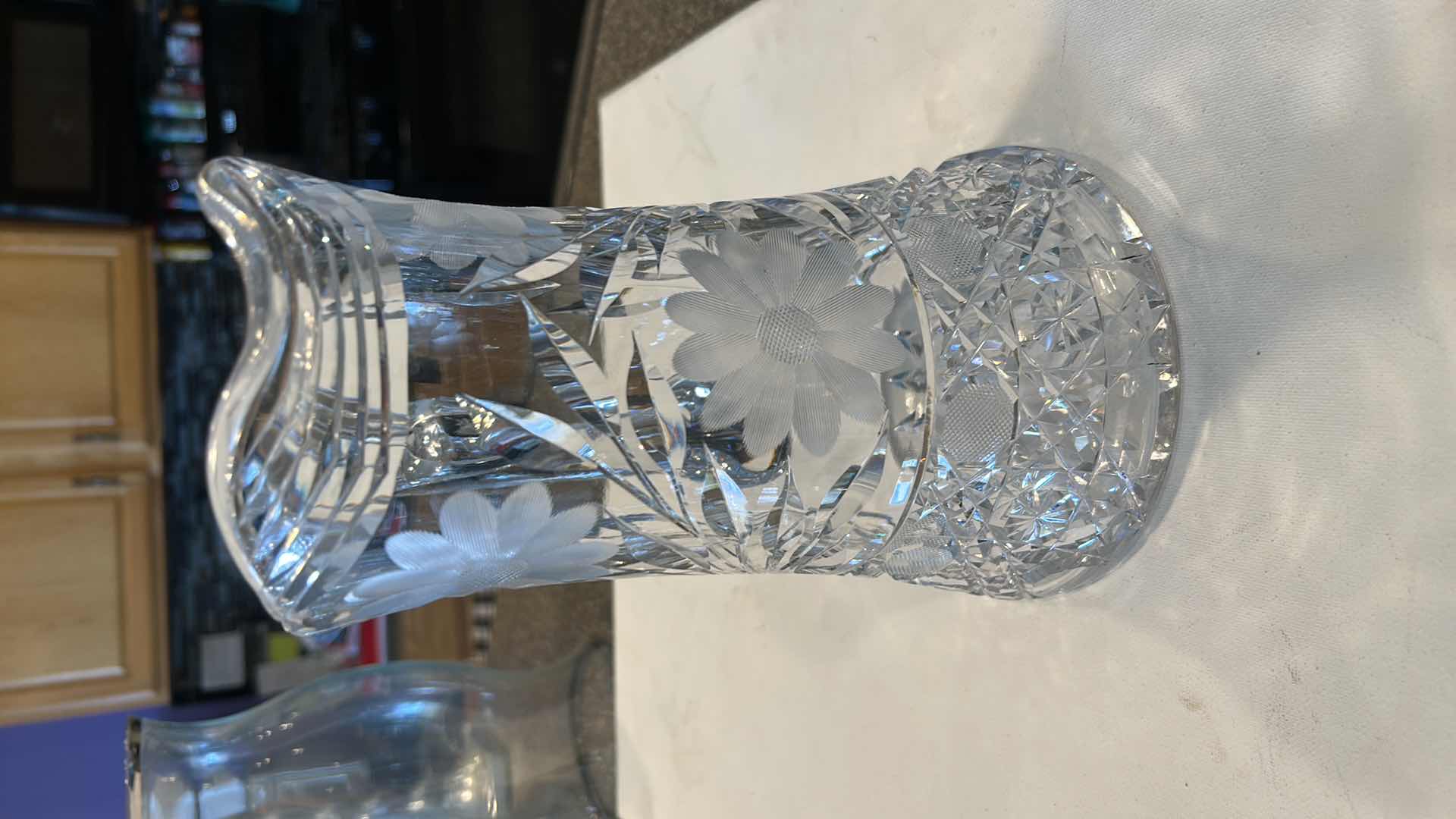 Photo 1 of VINTAGE AMERICAN BRILLIANT CUT GLASS 8.5” PITCHER W/ HANDLE FLOWER DESIGN HEAVY