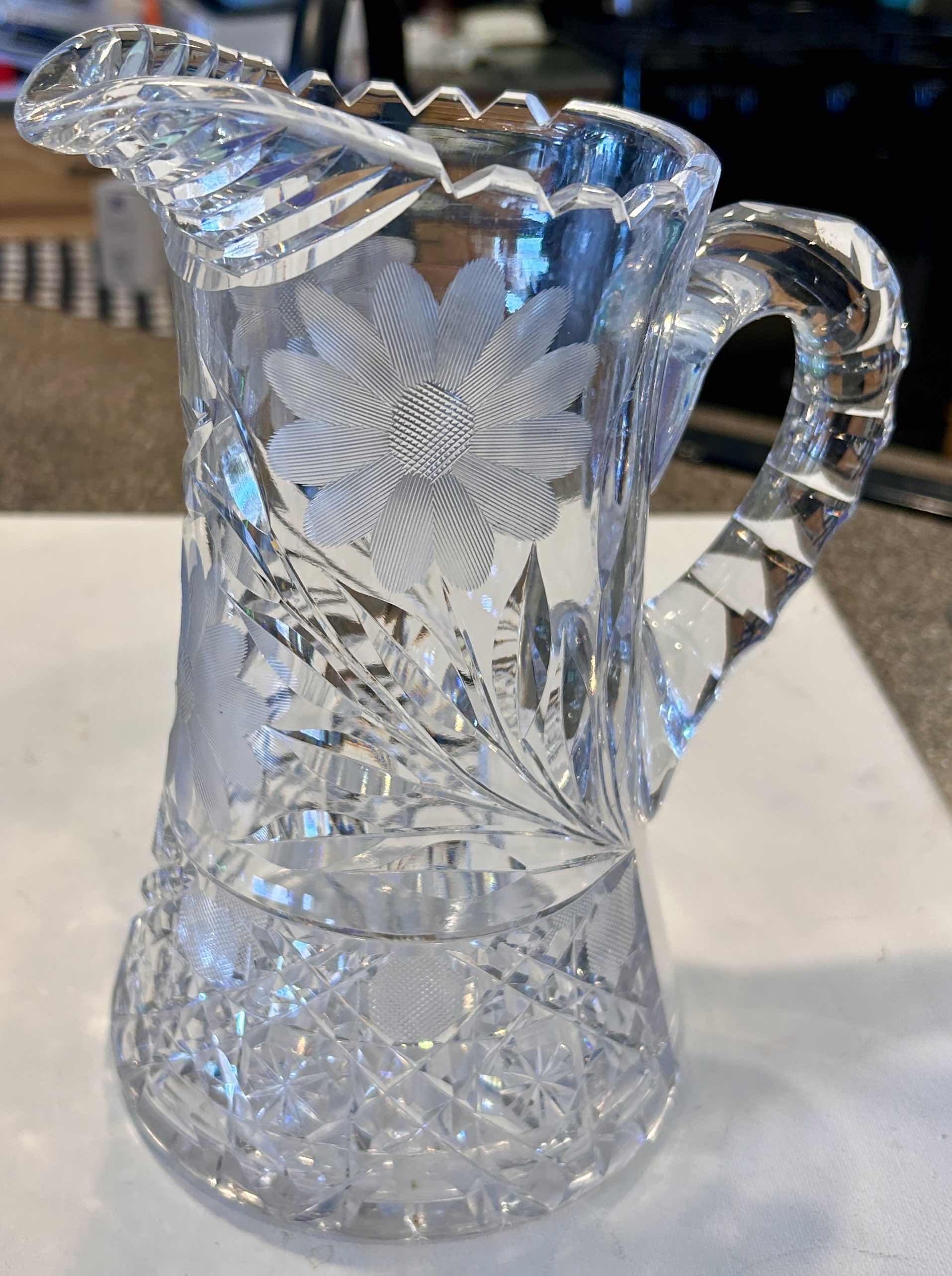 Photo 1 of VINTAGE AMERICAN BRILLIANT CUT GLASS 8.5” PITCHER W/ HANDLE FLOWER DESIGN HEAVY