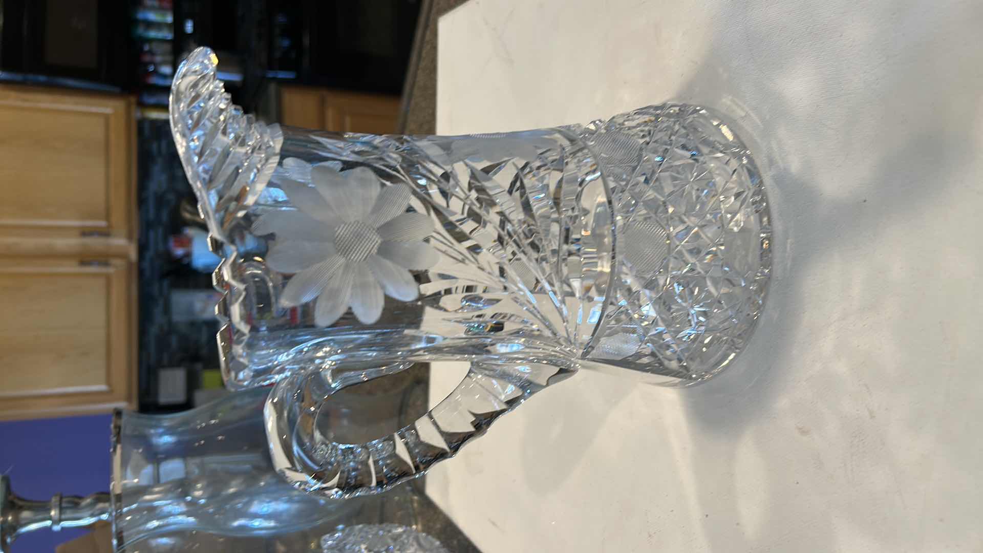 Photo 1 of VINTAGE AMERICAN BRILLIANT CUT GLASS 8.5” PITCHER W/ HANDLE FLOWER DESIGN HEAVY