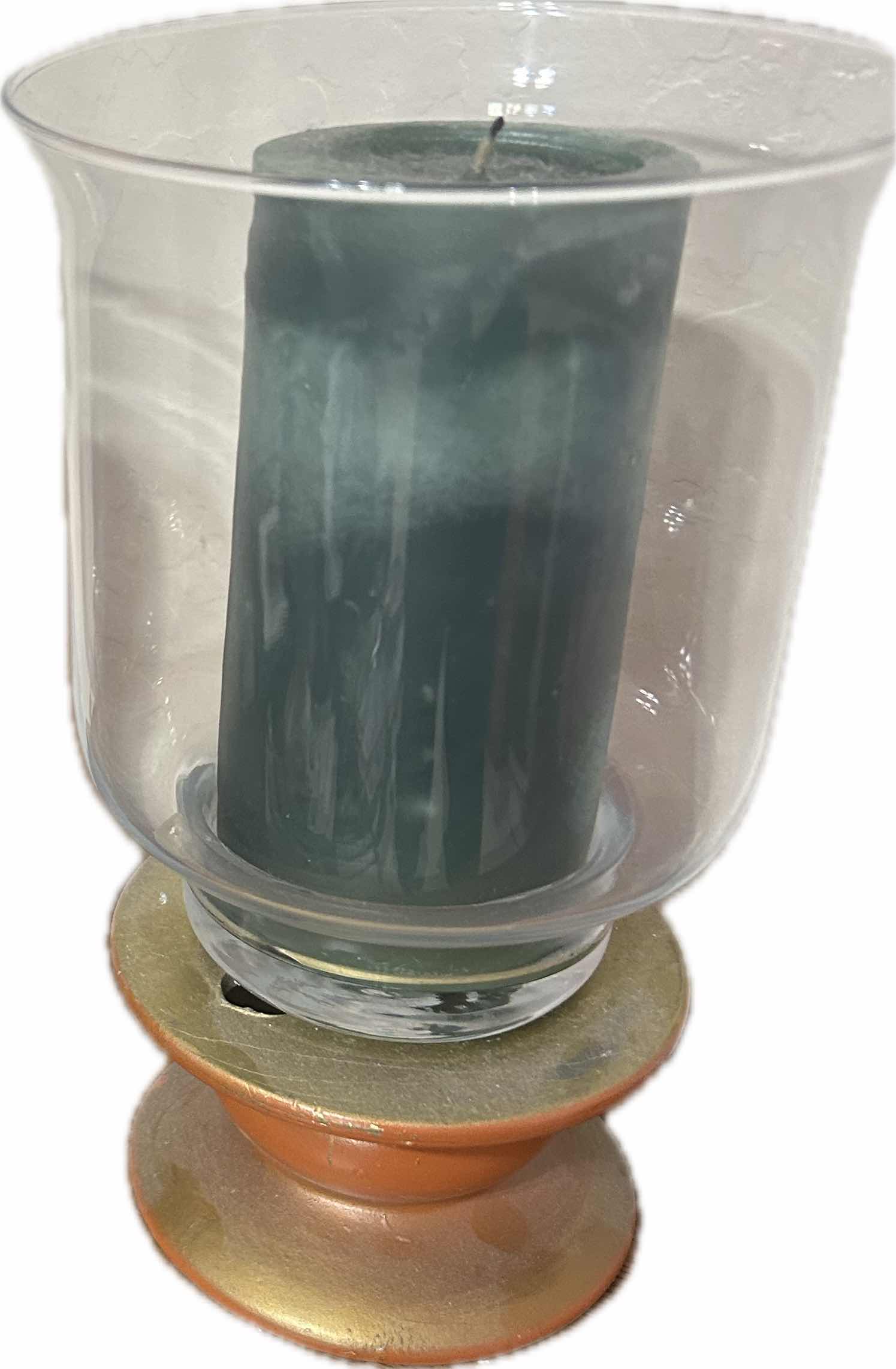 Photo 1 of 2 GLASS HURRICANE HOLDERS  W GREEN CANDLES H 11"