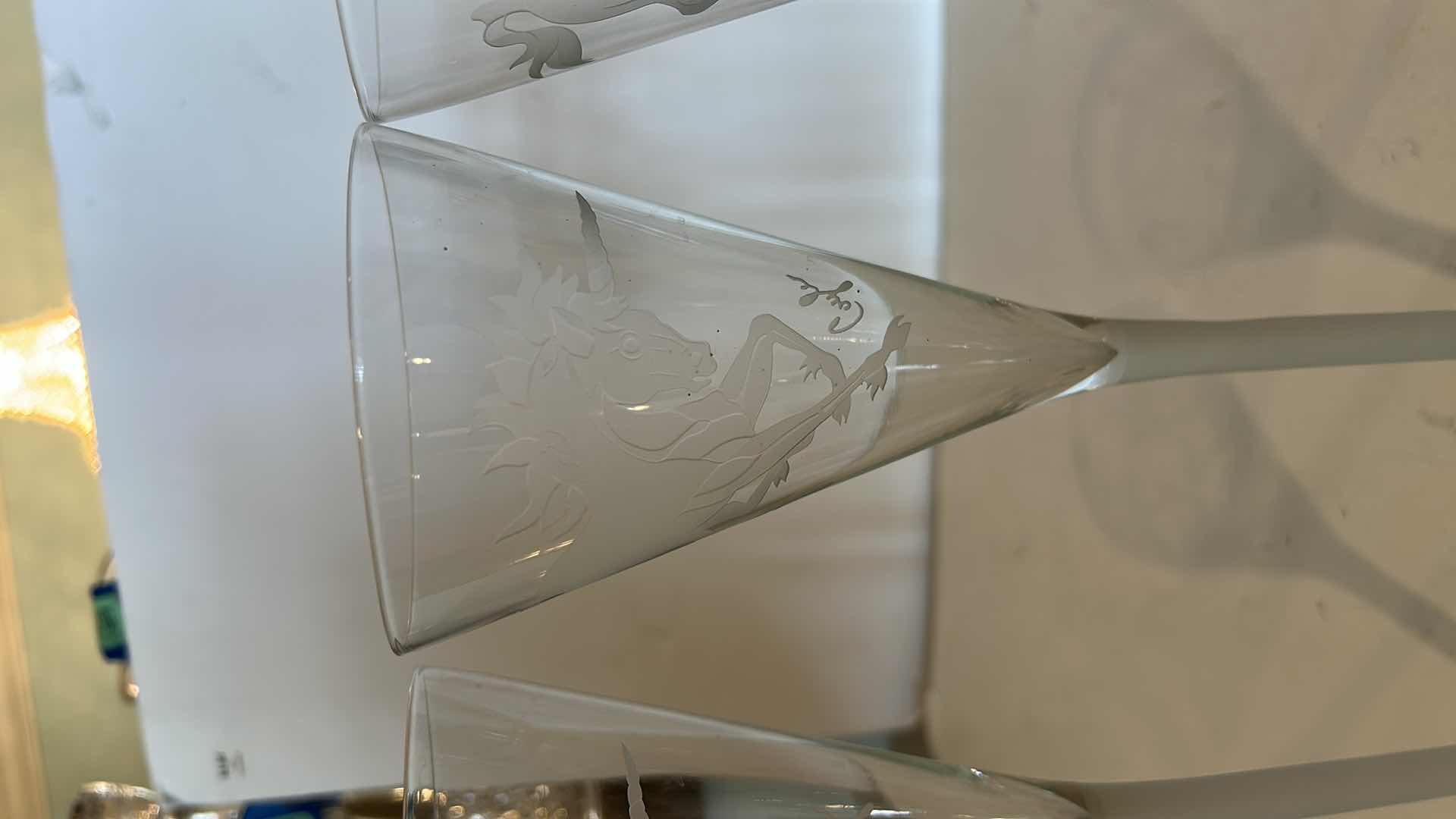 Photo 1 of 4 SIGNED TALL UNICORN ENGRAVED GLASS STEMWARE “ PETER COYLE” H12”