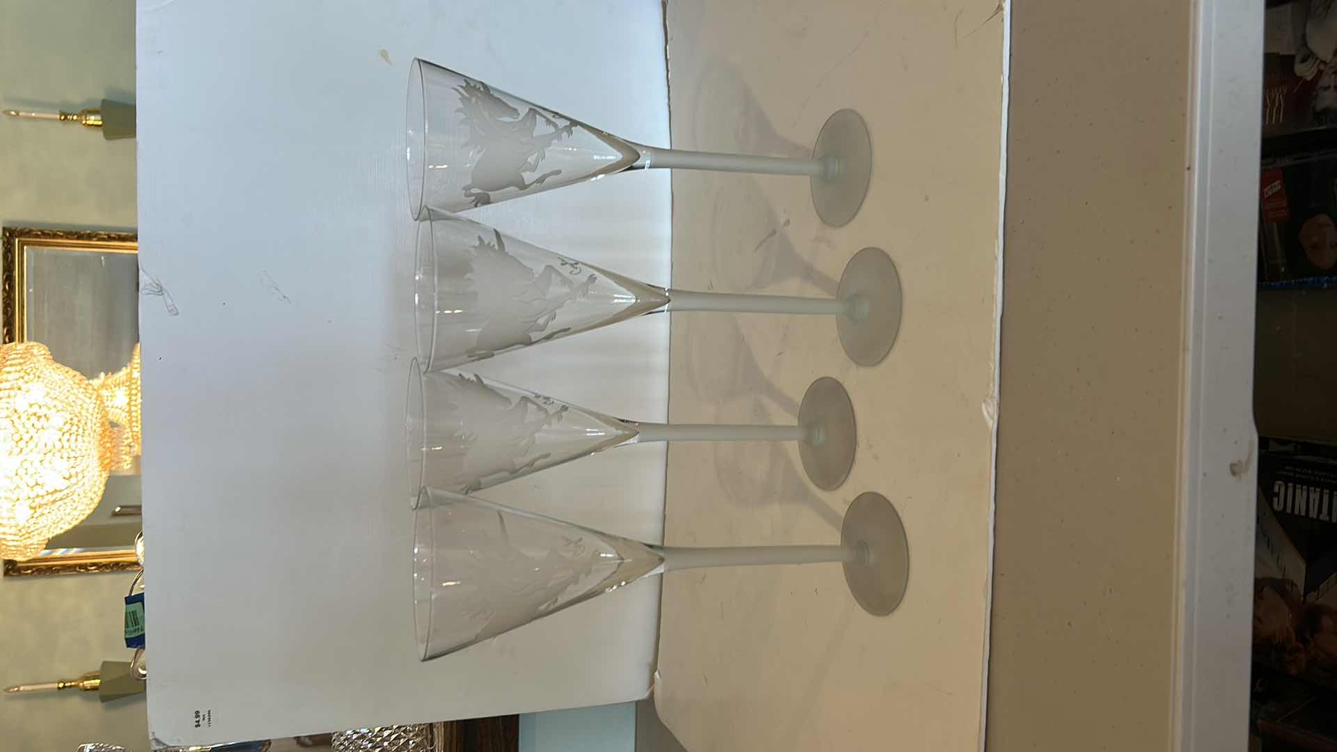 Photo 1 of 4 SIGNED TALL UNICORN ENGRAVED GLASS STEMWARE “ PETER COYLE” H12”