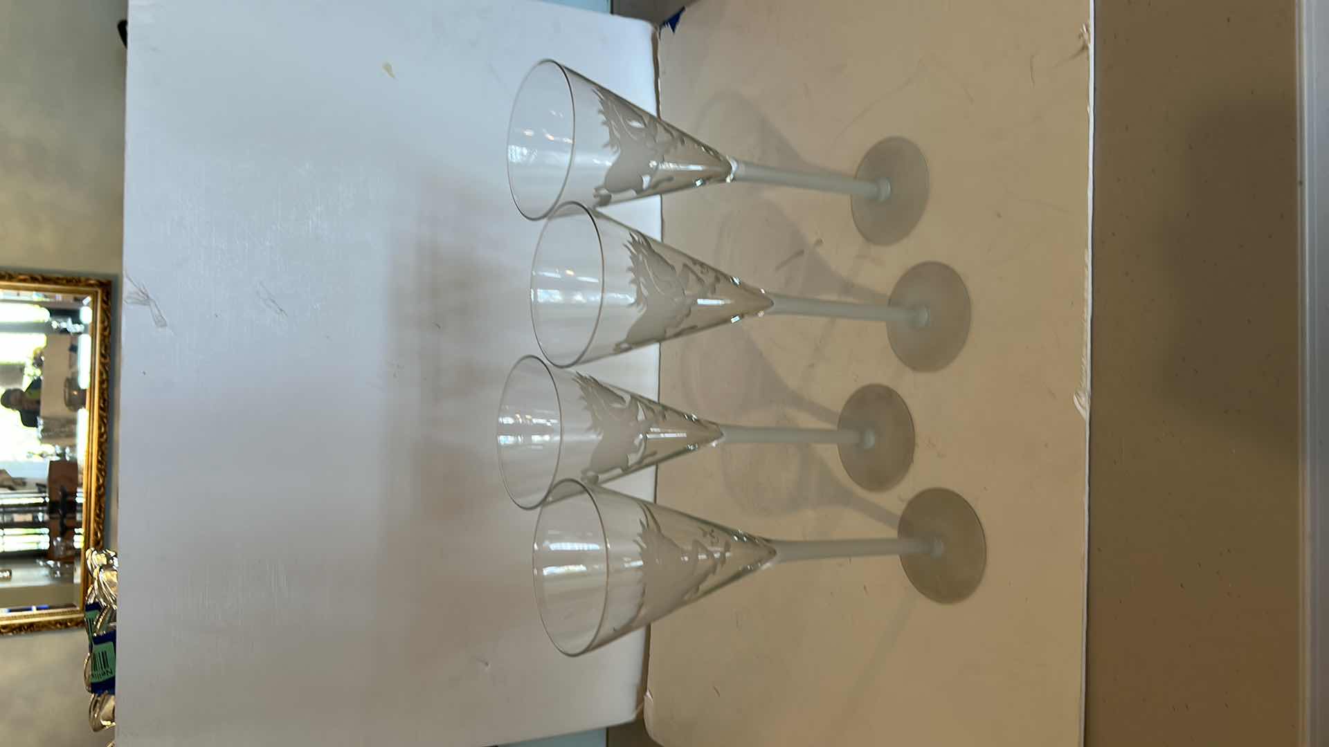 Photo 1 of 4 SIGNED TALL UNICORN ENGRAVED GLASS STEMWARE “ PETER COYLE” H12”