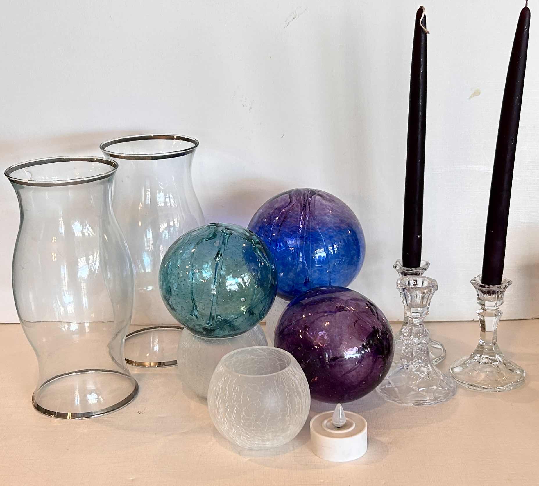 Photo 1 of 6 CANDLE HOLDERS, 3 FLICKERING LIGHTS, 3 GLASS ORBS AND 2 GLASS HURRICANES