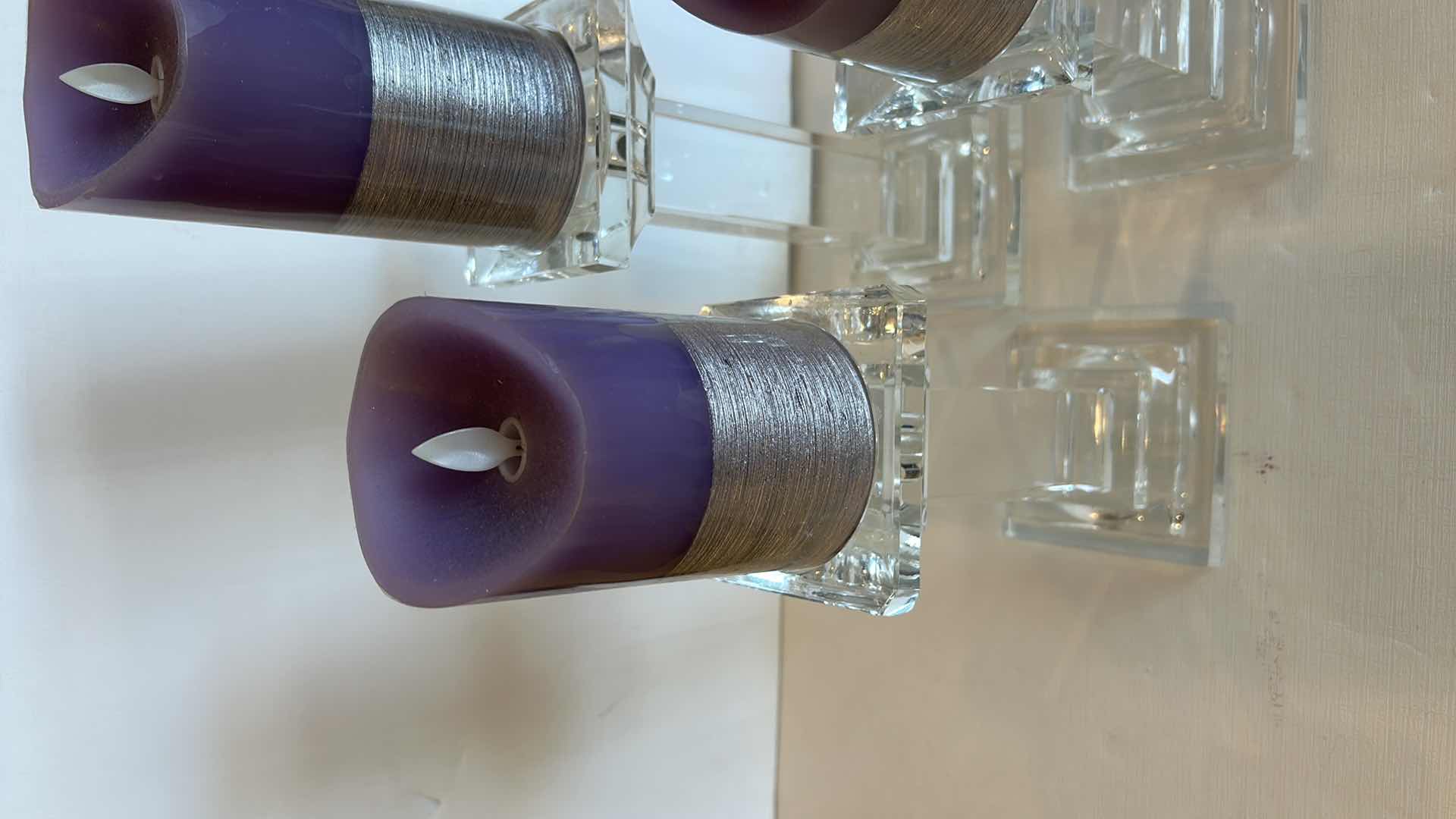 Photo 1 of 3 CANDLE HOLDERS  ( TALLEST H 8.75”) AND 3 BATTERY OPERATED CANDLES