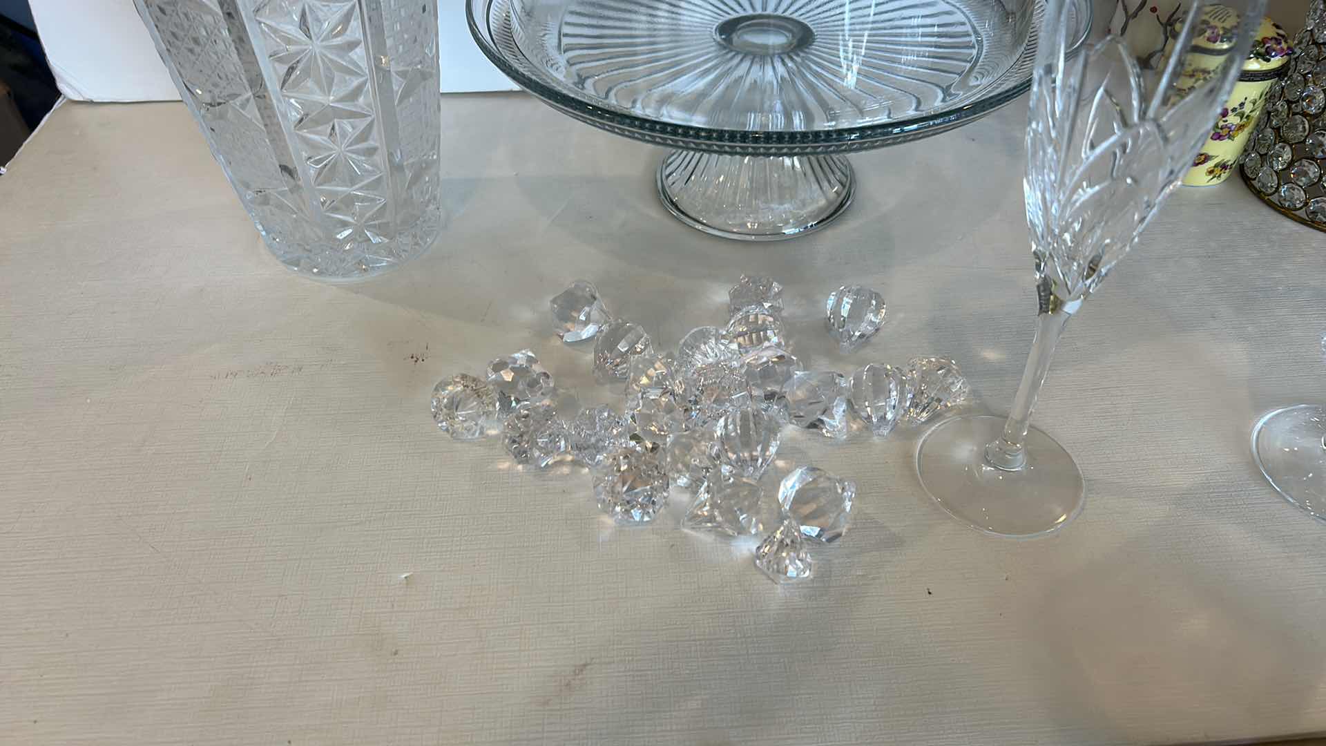 Photo 1 of VASE, CAKE STAND WITH LID, 2 CRYSTAL( MARQUIS WATERFORD & CRISTAL D’ARQUES)  STEMWARE PCS