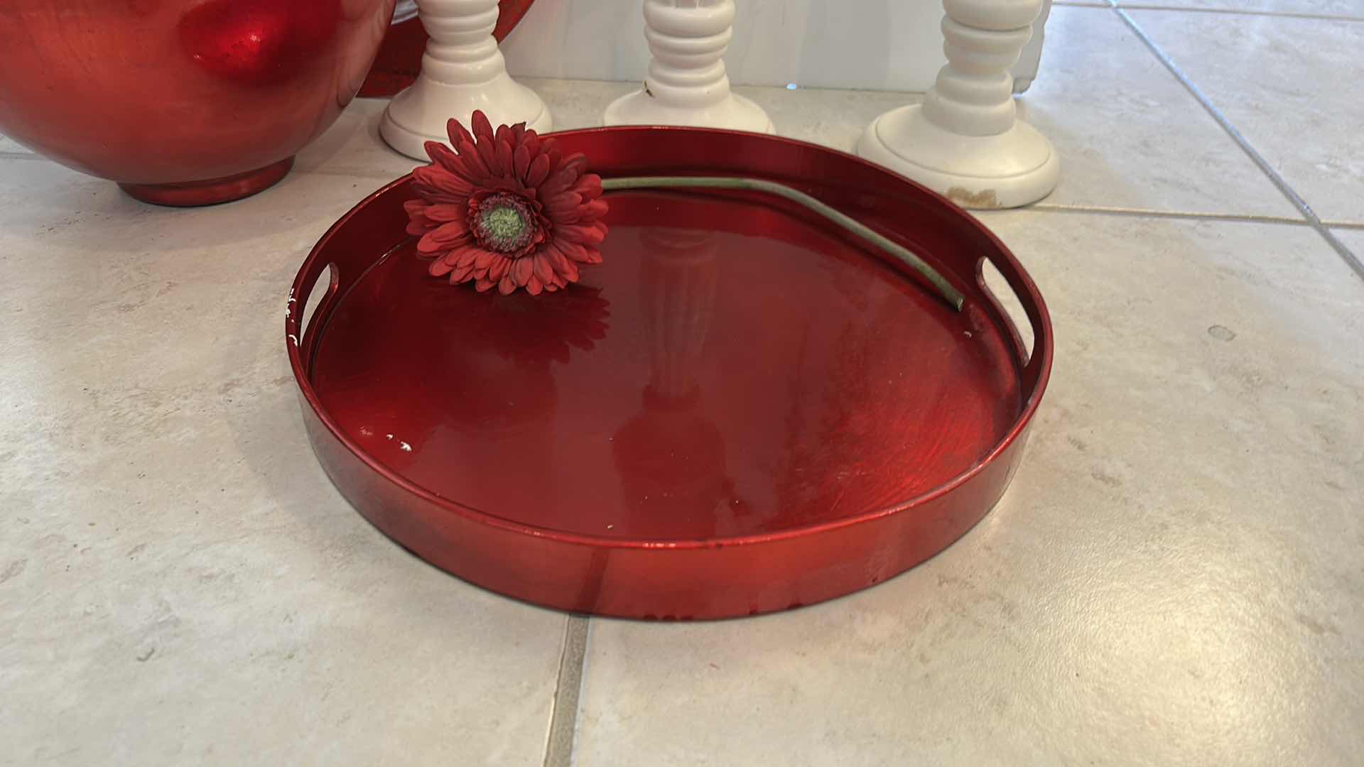 Photo 1 of RED AND WHITE HOME DECOR ASSORTMENT (VASE H 15”, $45 FROM PIER1)