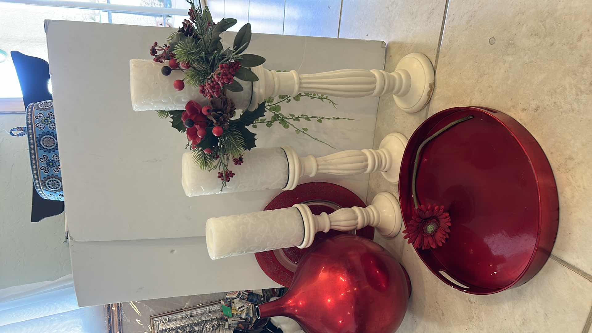 Photo 1 of RED AND WHITE HOME DECOR ASSORTMENT (VASE H 15”, $45 FROM PIER1)