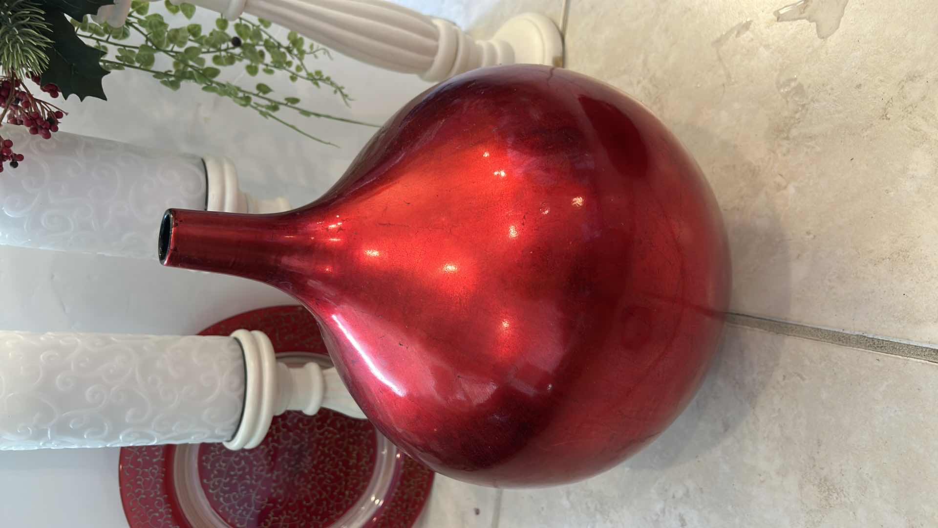 Photo 1 of RED AND WHITE HOME DECOR ASSORTMENT (VASE H 15”, $45 FROM PIER1)