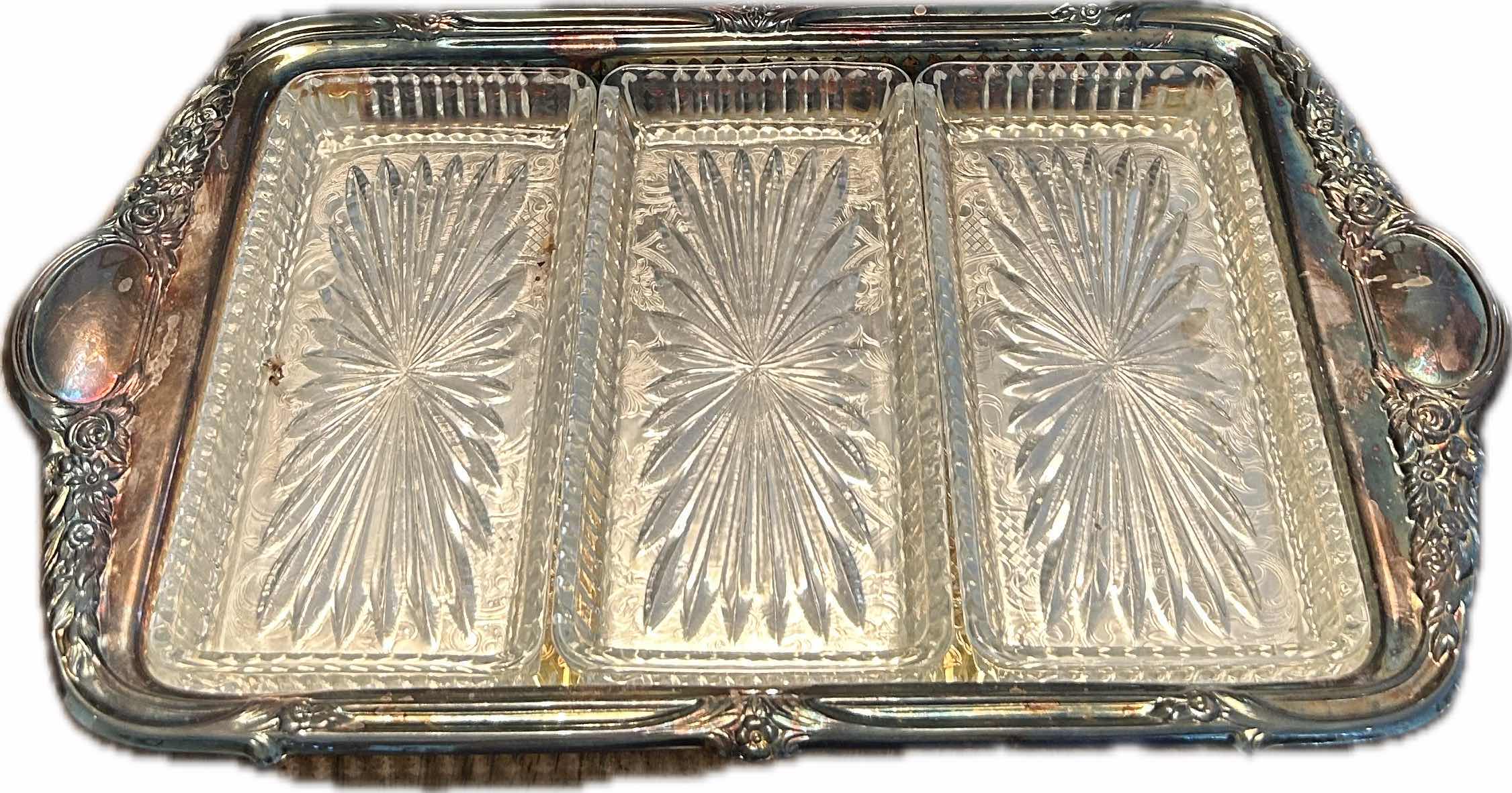 Photo 1 of VINTAGE SILVERPLATED DOUBLE CHAFING DISH AND SILVER PLATED RELISH SERVING TRAY