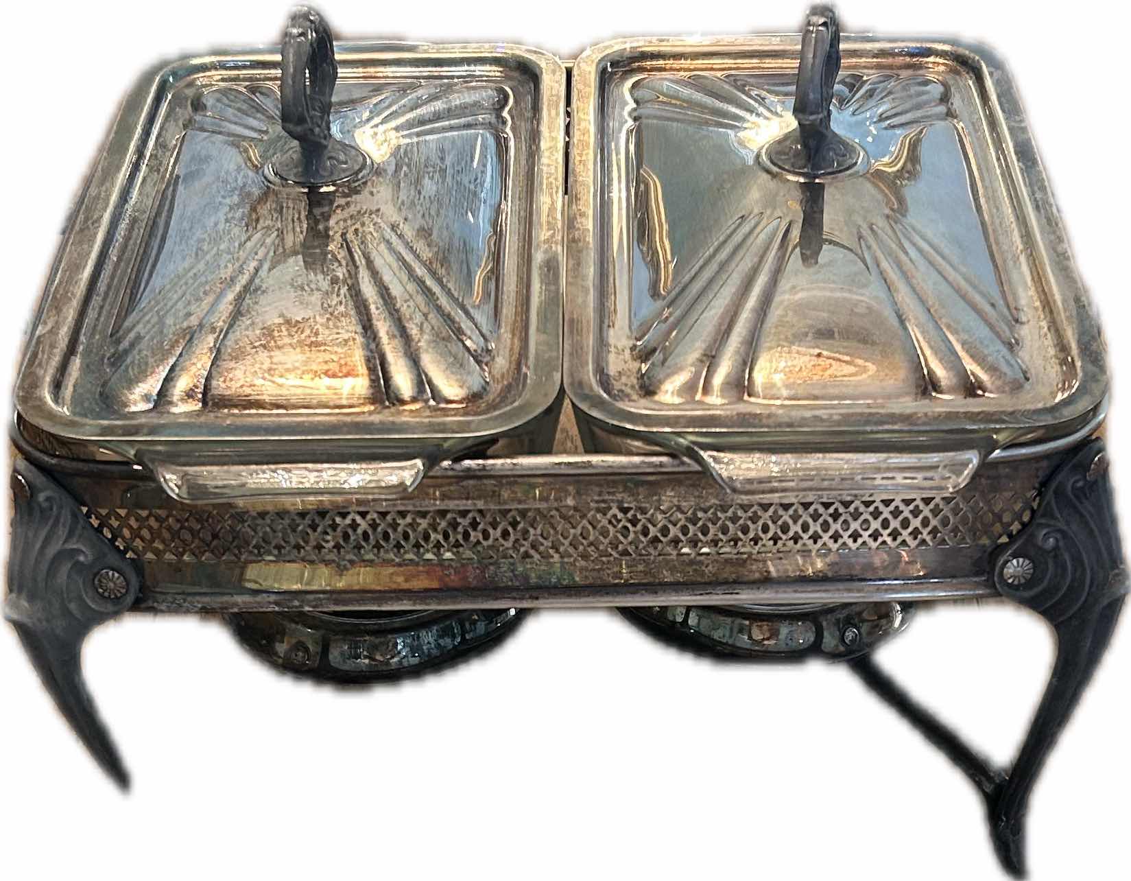 Photo 1 of VINTAGE SILVERPLATED DOUBLE CHAFING DISH AND SILVER PLATED RELISH SERVING TRAY