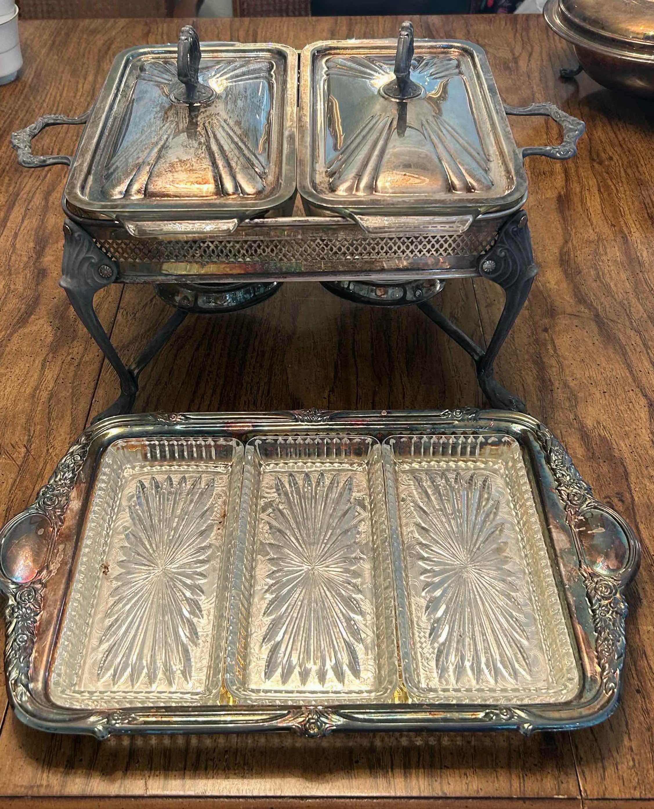 Photo 1 of VINTAGE SILVERPLATED DOUBLE CHAFING DISH AND SILVER PLATED RELISH SERVING TRAY