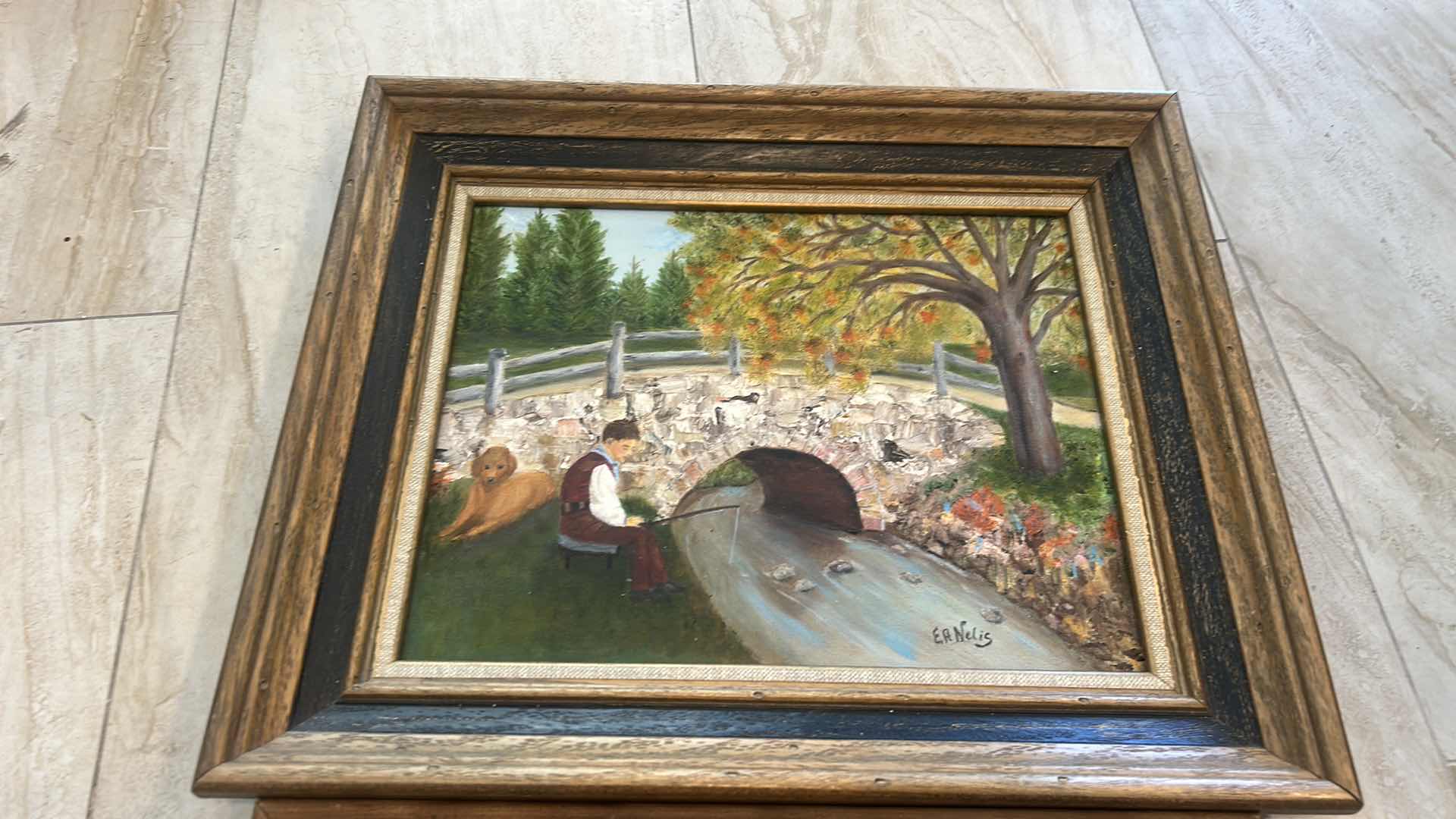 Photo 1 of 2 WOOD FRAMED SIGNED ARTWORK ON CANVAS 17 1/2” x 15 1/2”