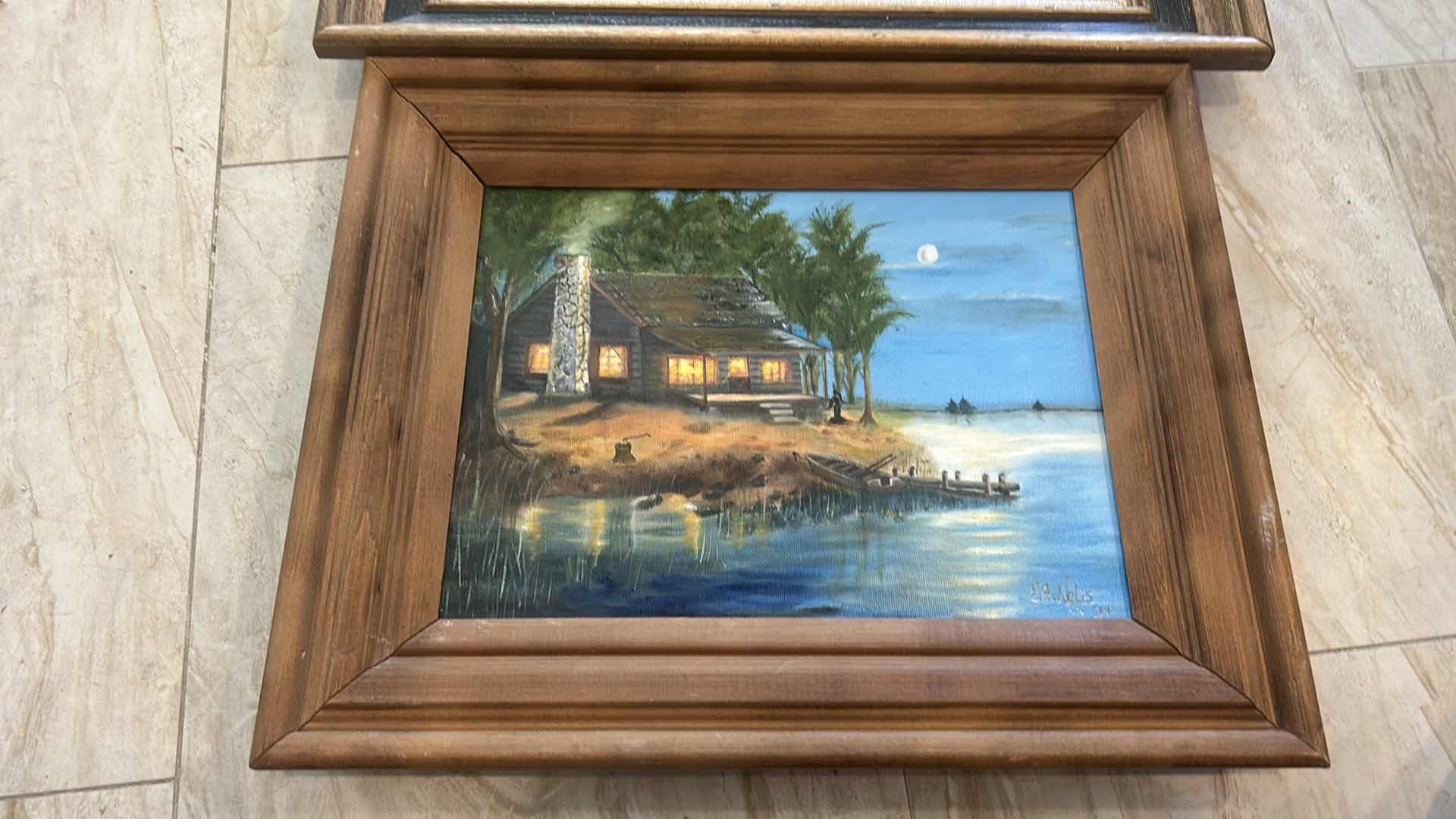 Photo 1 of 2 WOOD FRAMED SIGNED ARTWORK ON CANVAS 17 1/2” x 15 1/2”